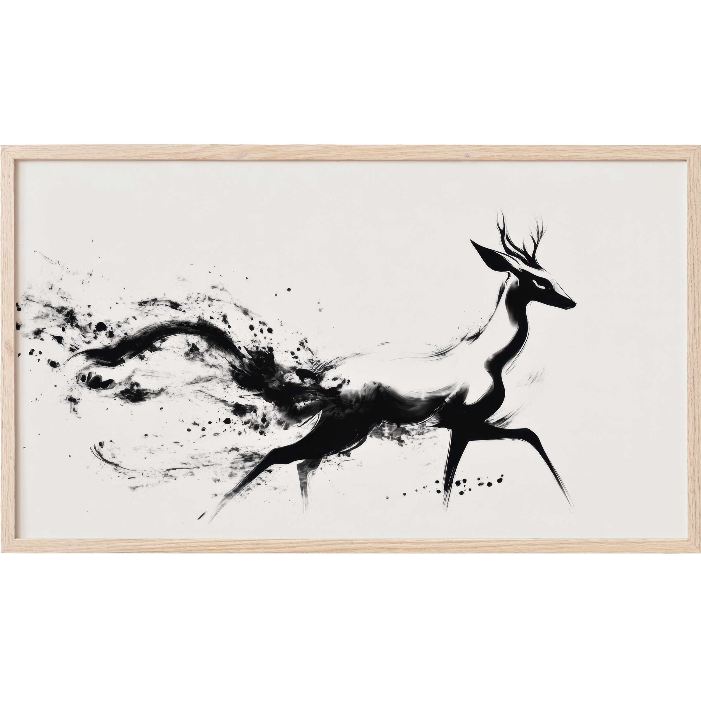 Elegant black and white Frame TV Art depicting a sleek, abstract deer in dynamic brushstroke style