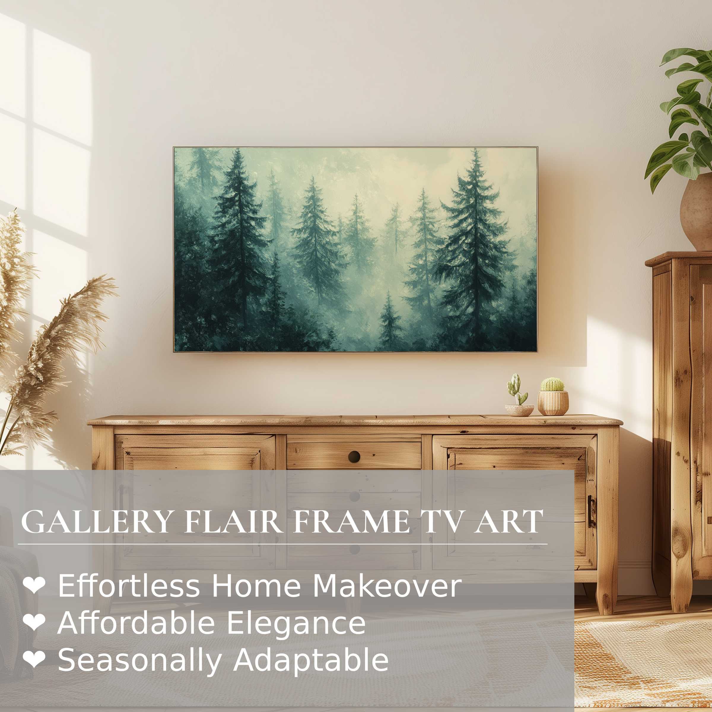 Modern living room with Samsung Frame TV showcasing a serene botanical digital artwork of misty pine trees