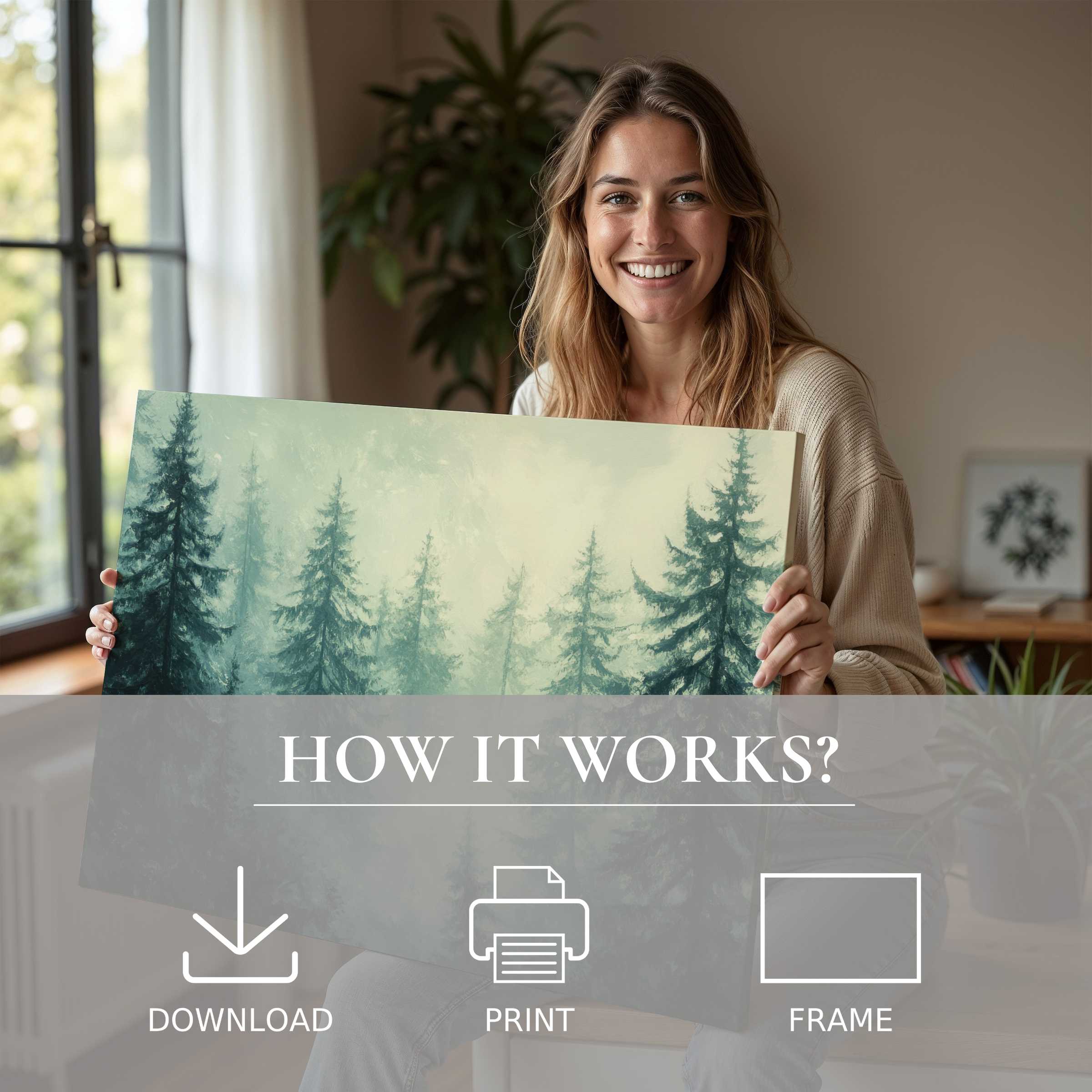 Woman in a serene modern home joyfully sharing a botanical digital art print, embodying effortless elegance and nature’s calm