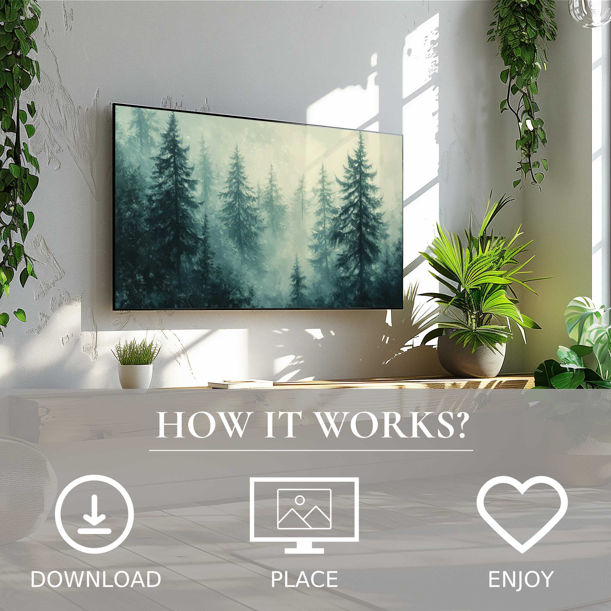 Botanical art for Samsung TV: downloadable misty forest scene enhances modern living spaces with effortless style
