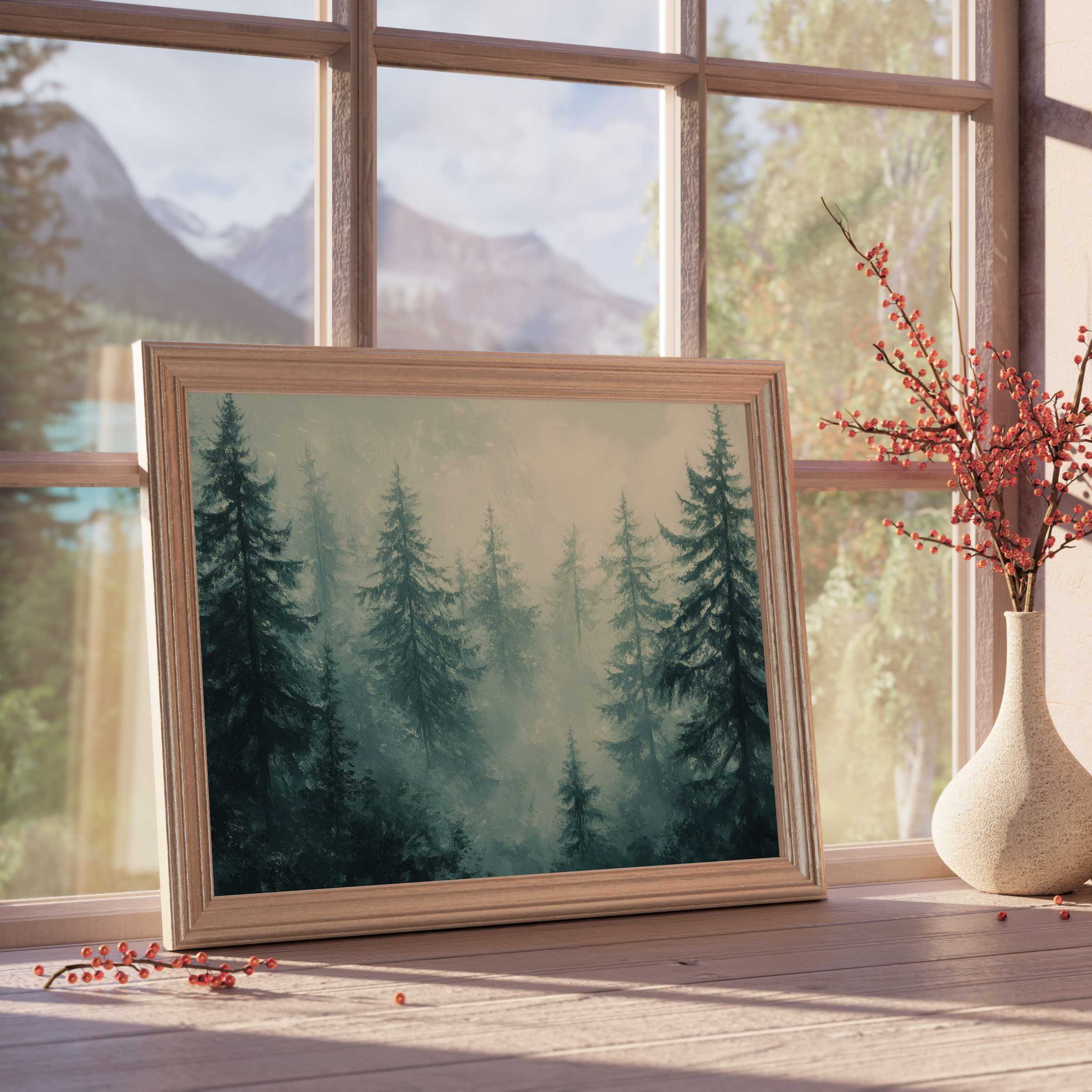 Botanical downloadable art captures a serene misty forest scene, elevating modern interiors with tranquil, nature-inspired elegance