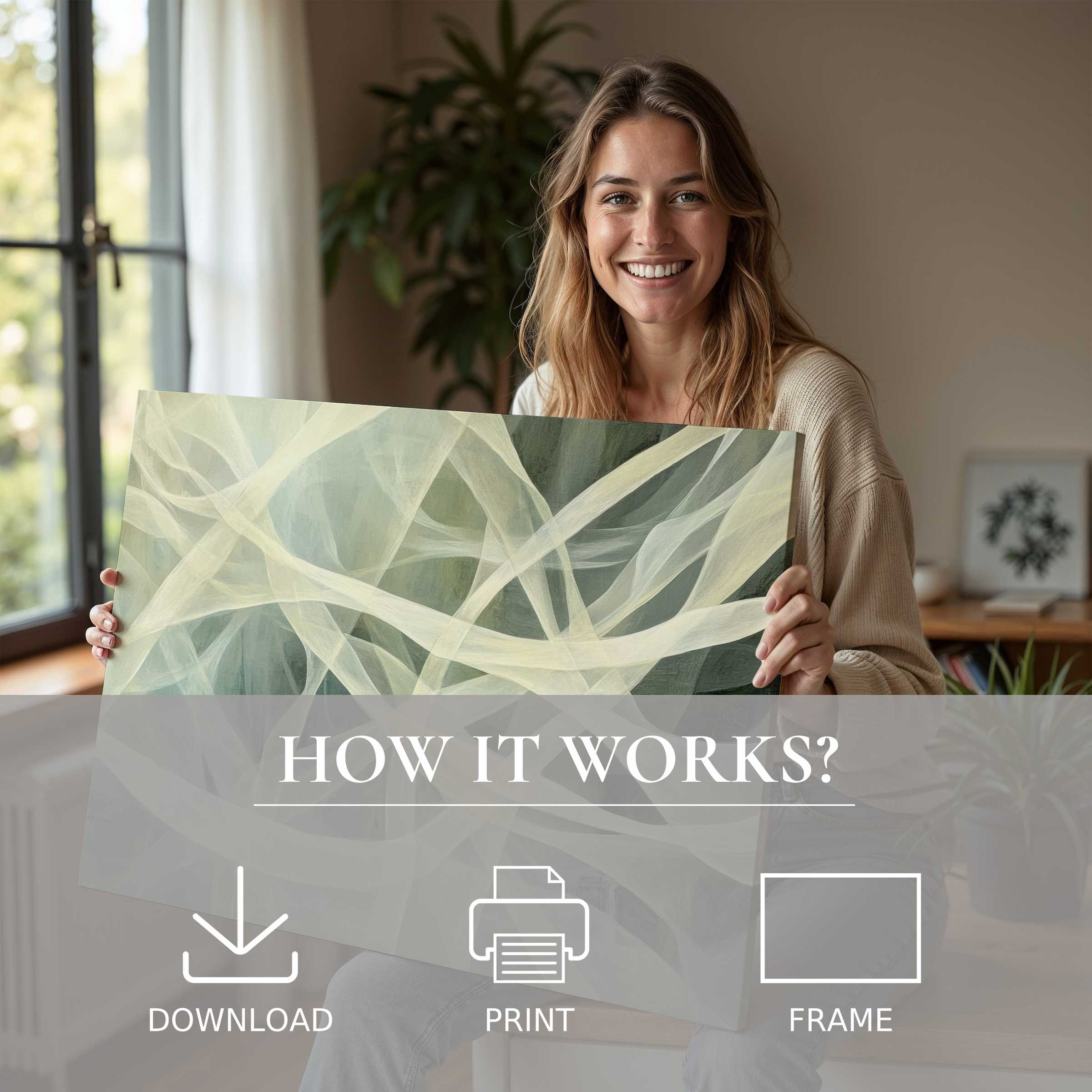 Woman in serene modern home joyfully embracing an abstract digital art print, embodying effortless elegance and connection with art