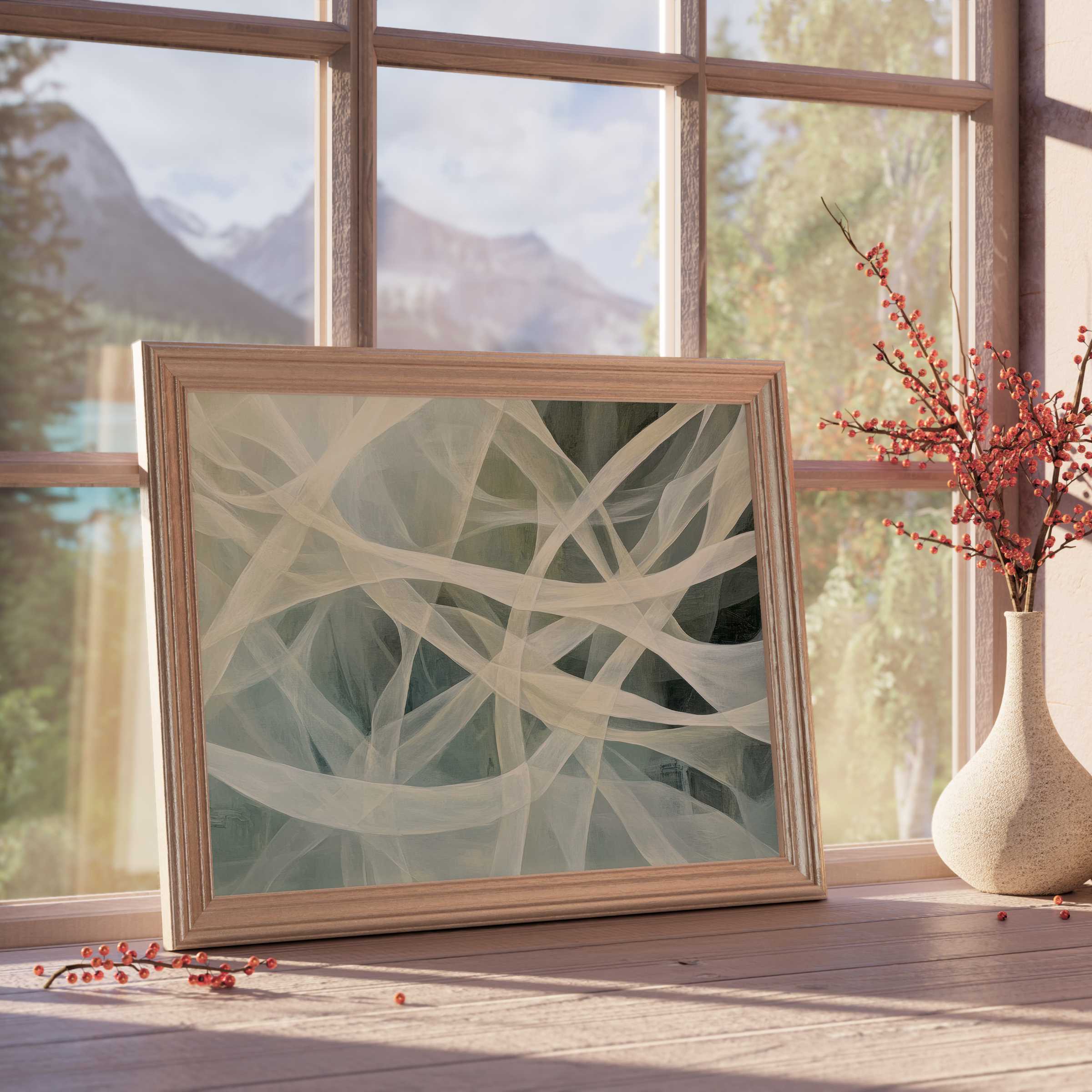 Ethereal abstract downloadable art with soft, flowing lines in calm neutrals, elevating serene, curated luxury interiors