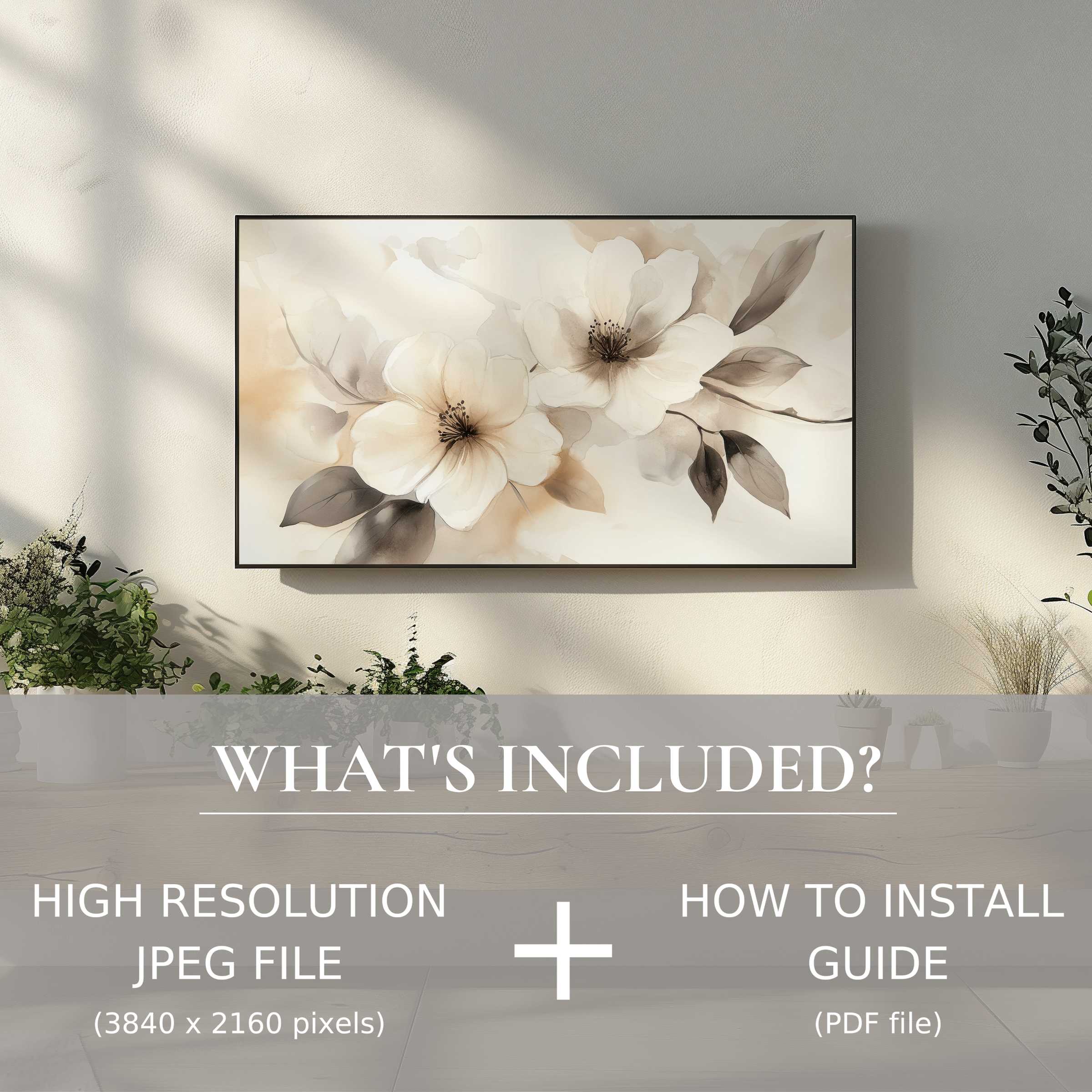 Elegant neutral digital TV art download with floral design, enhancing living spaces through easy digital use