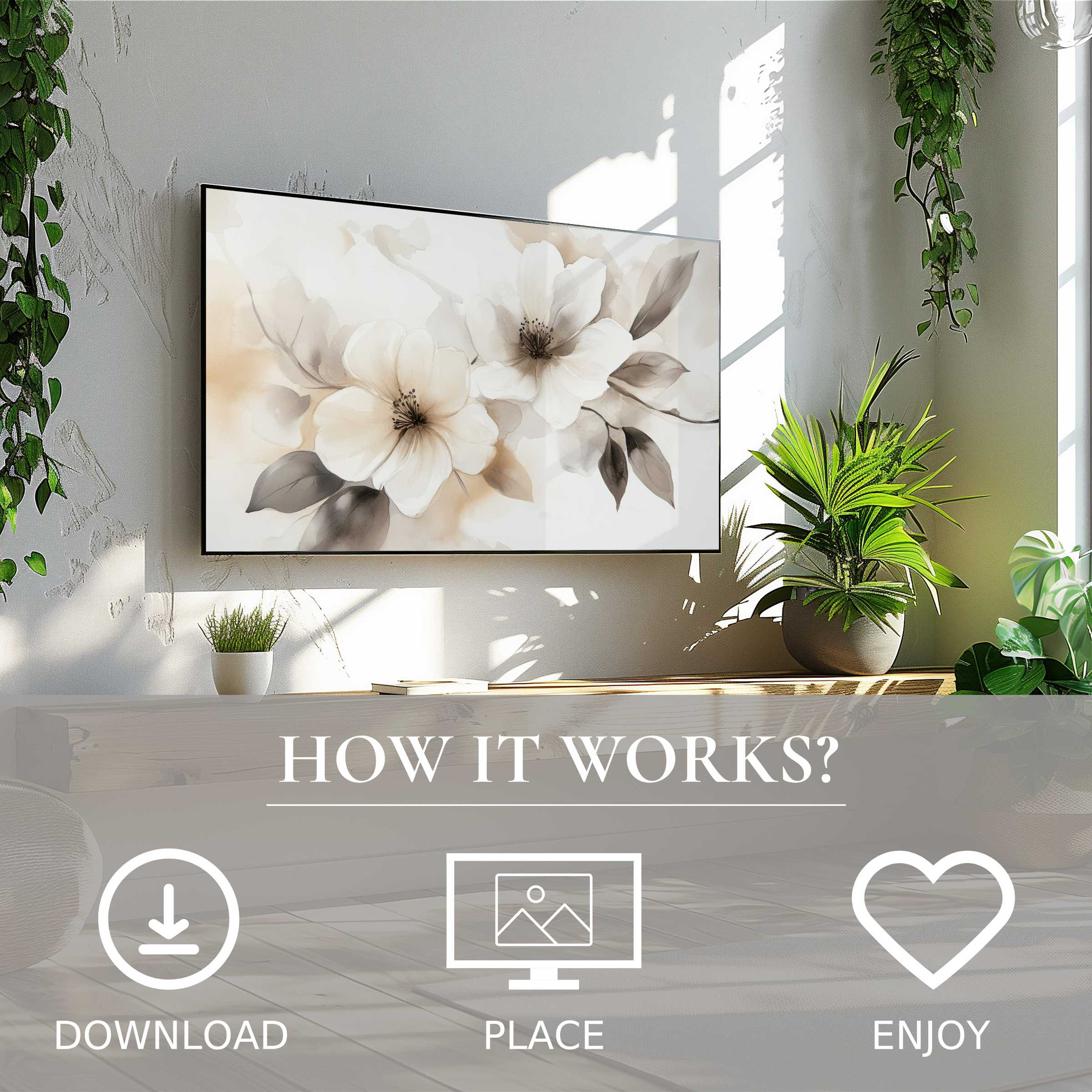 Neutral art for Samsung TV shows soft beige floral motif, easy digital download enriches modern living spaces with calm elegance