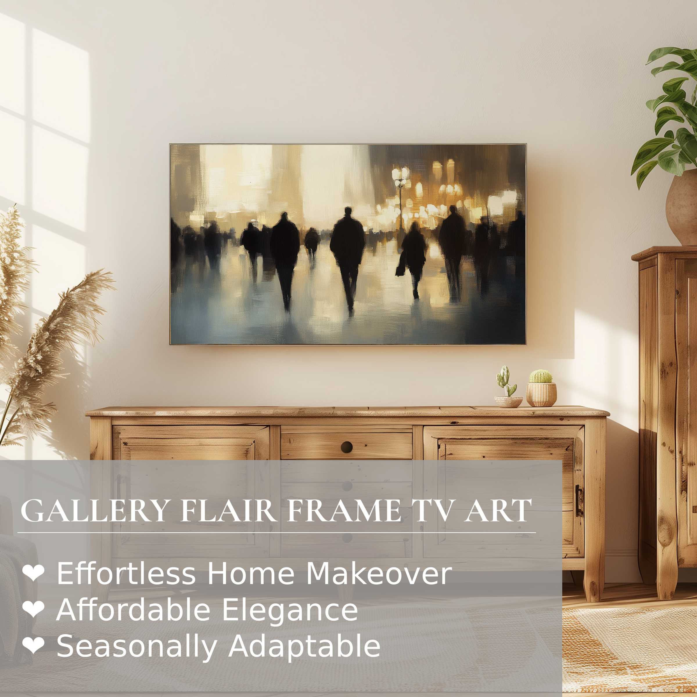 Samsung Frame TV displays elegant urban digital artwork in a soft, ambient living space with warm natural light