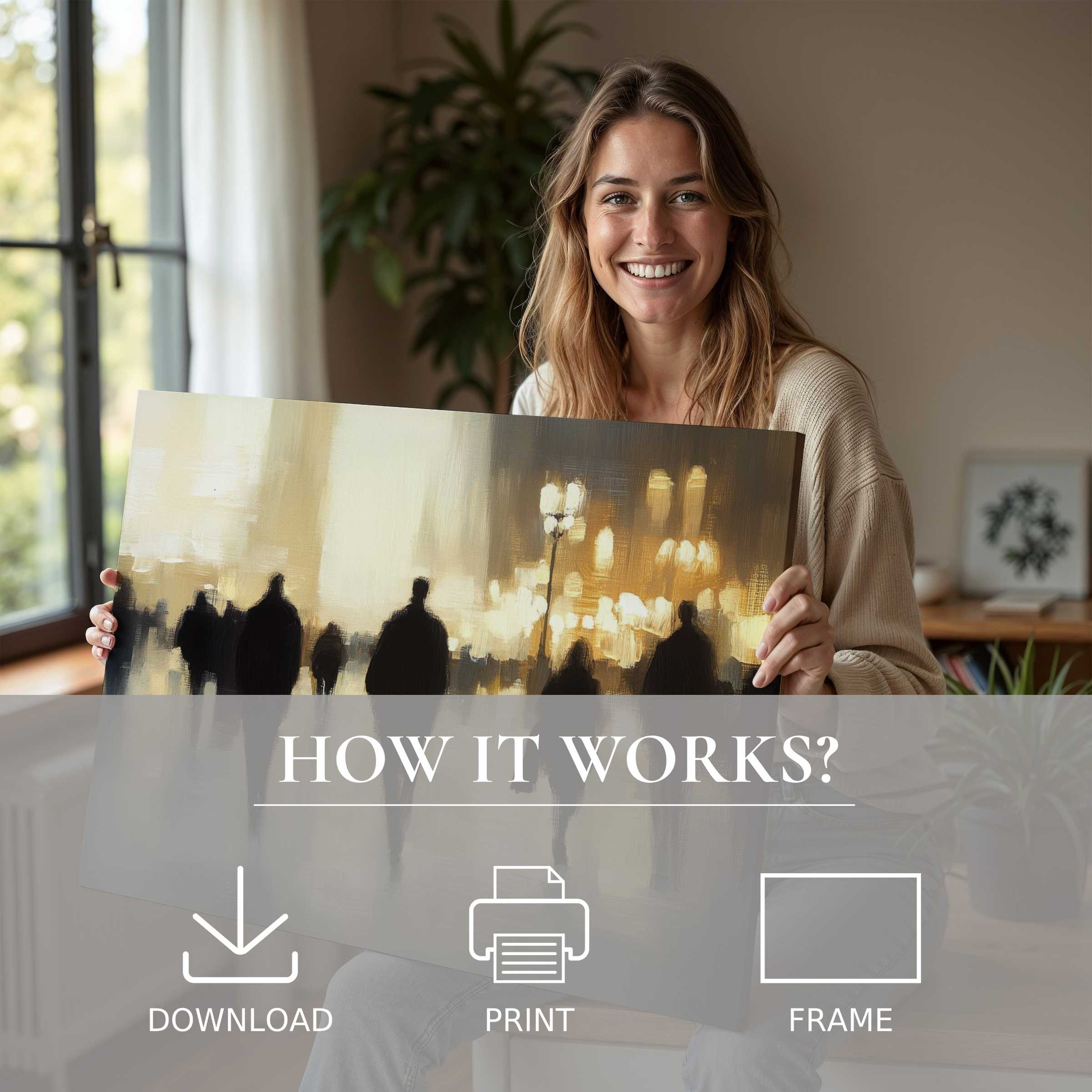 Radiant urban digital art print brings warmth and connection to a modern home, celebrating the joy of living with art