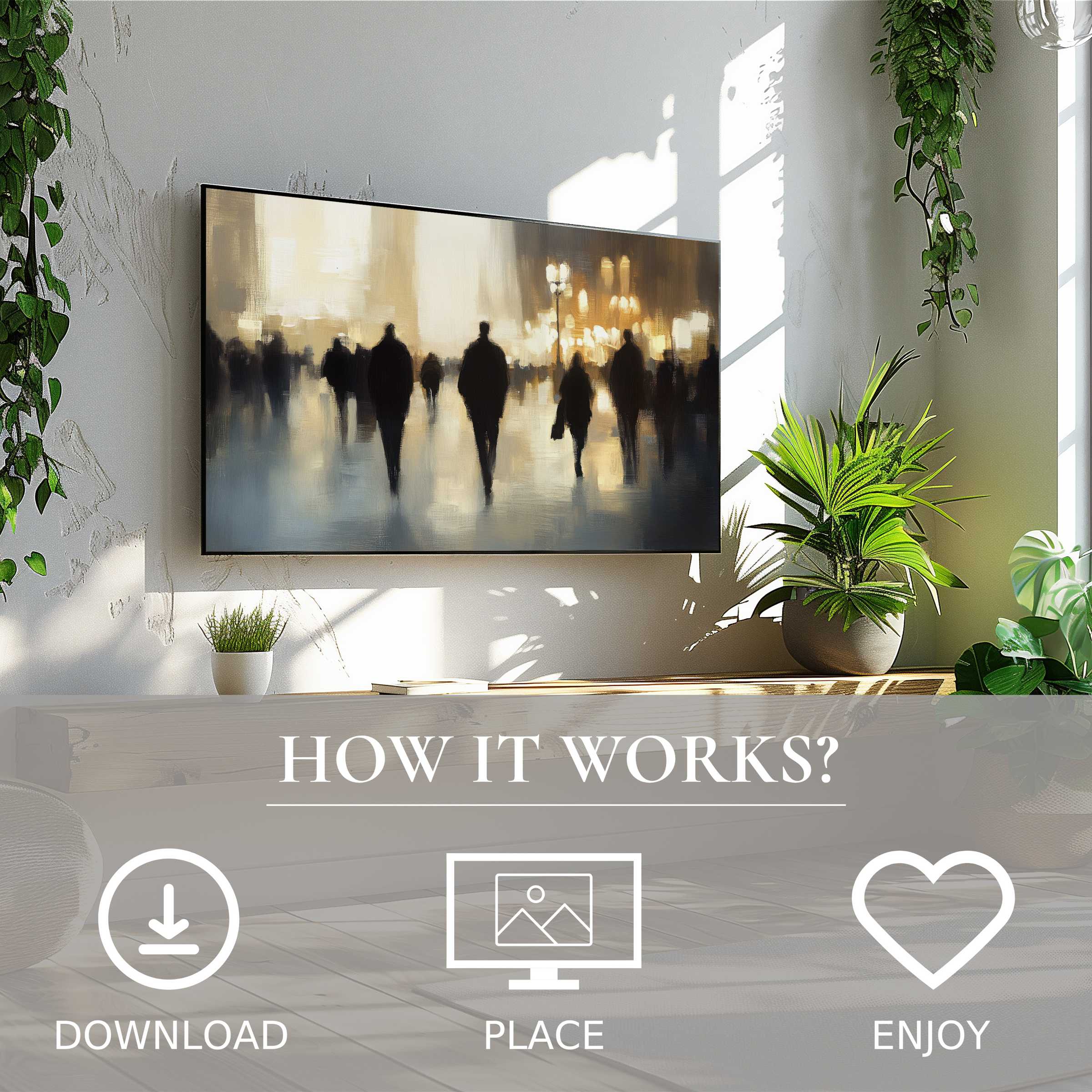 Urban art for Samsung TV shows a blurred city scene in warm tones, easy digital download enriches modern spaces