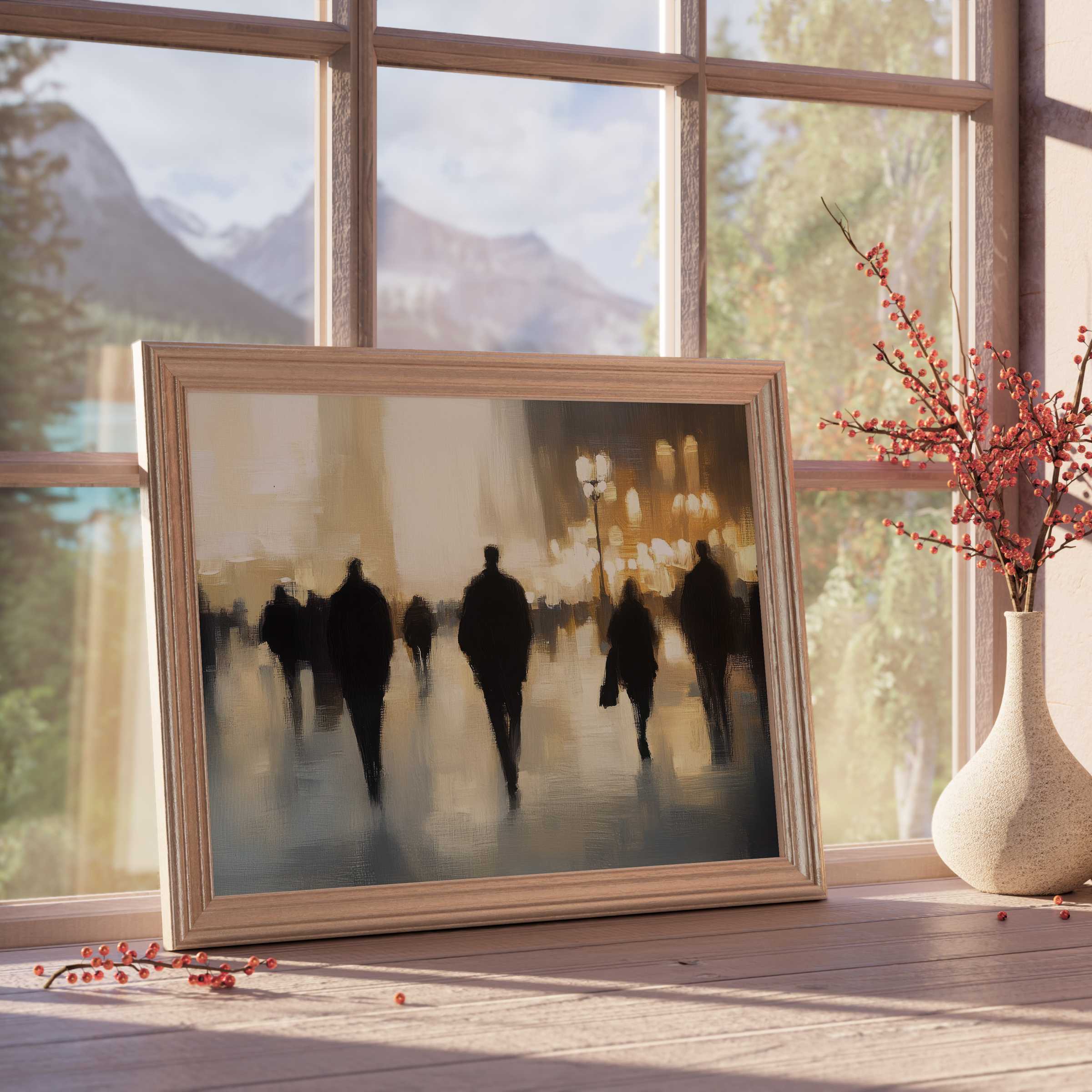 Urban downloadable art capturing serene city twilight, enhancing curated interiors with warm, ambient glow and design-forward elegance