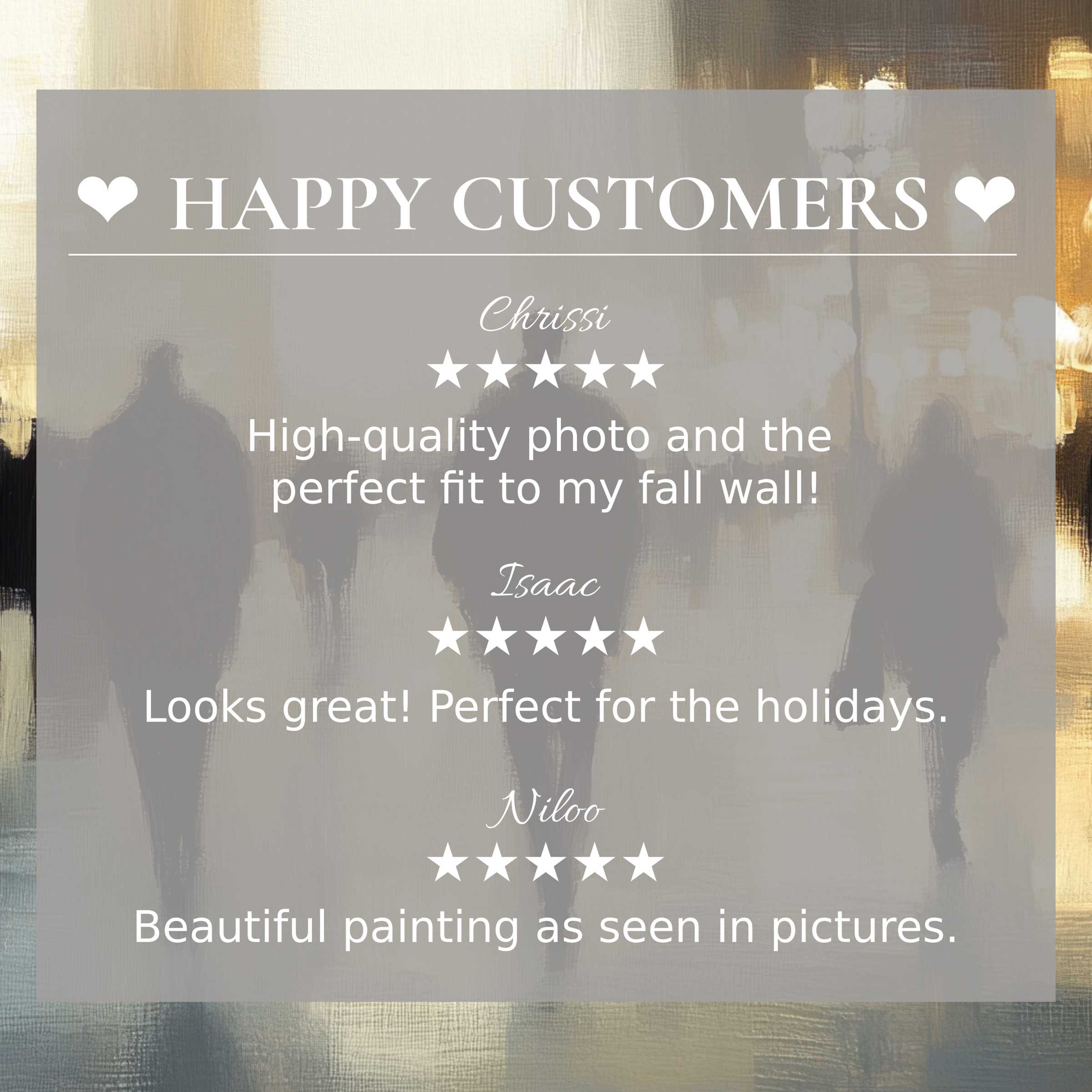 Urban art for Frame TV with abstract sunset-hued cityscape; happy customer reviews enhance trust and sleek design appeal