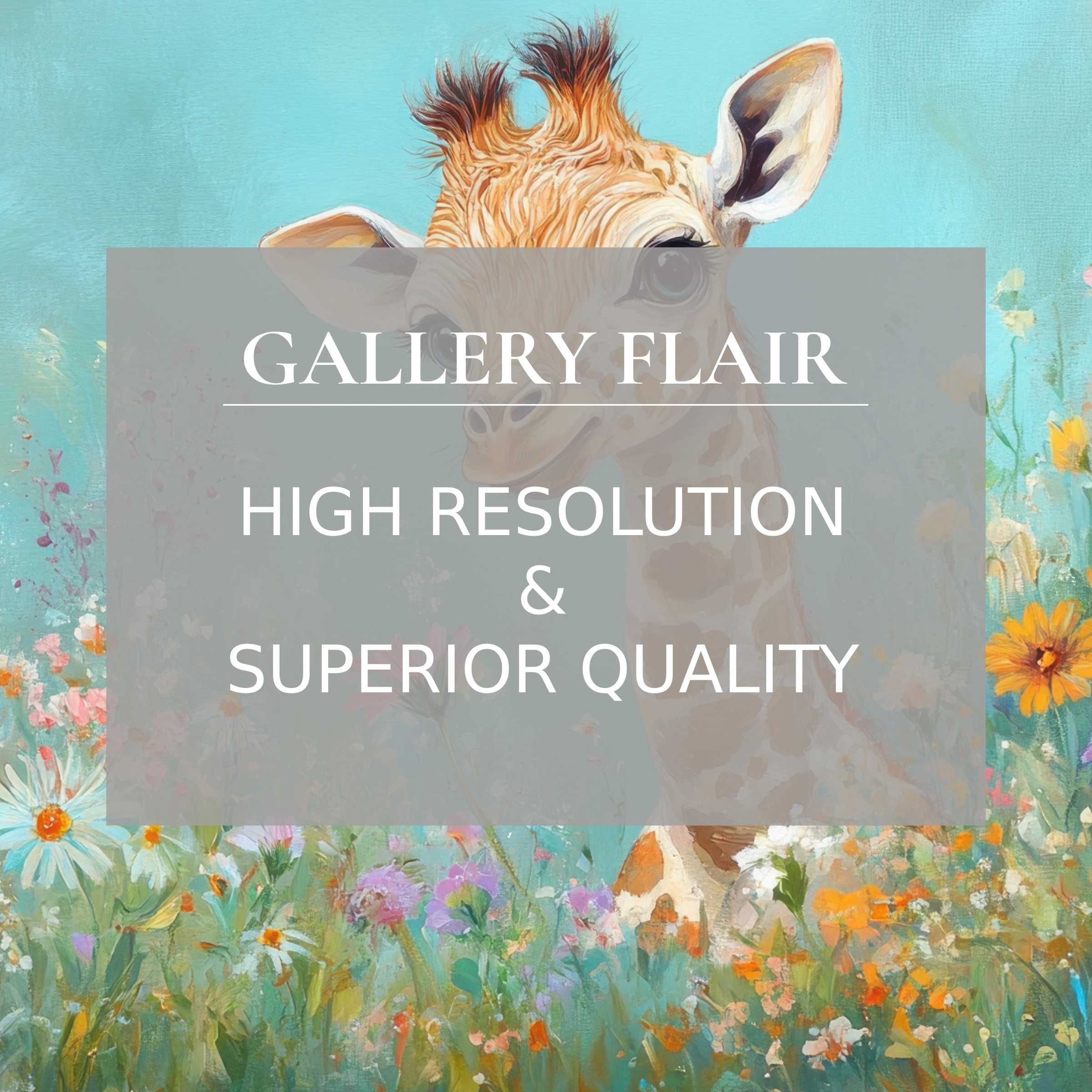 Nursery printable art of a whimsical giraffe in lush wildflowers, radiating calming charm with exquisite high-res detail