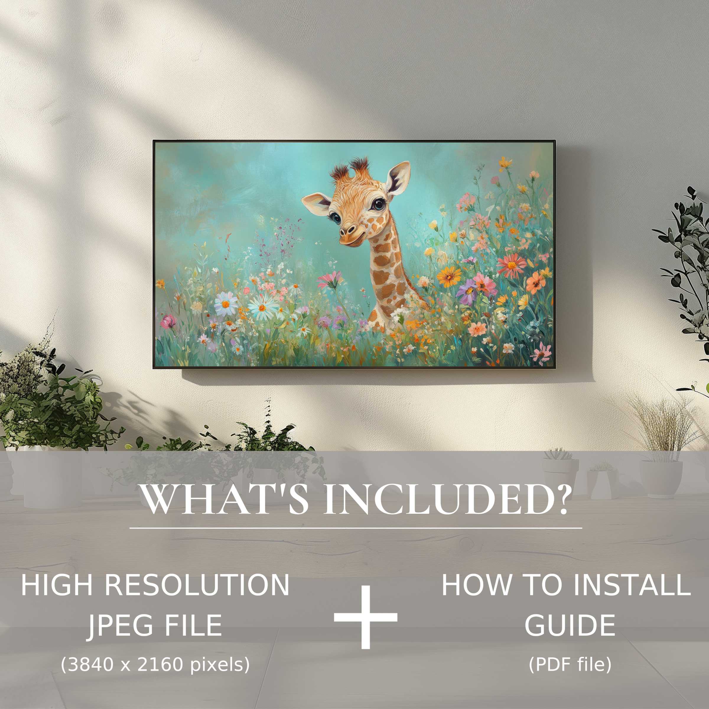 Elegant nursery digital TV art download featuring charming giraffe in floral scene, easy digital use enhances stylish living space