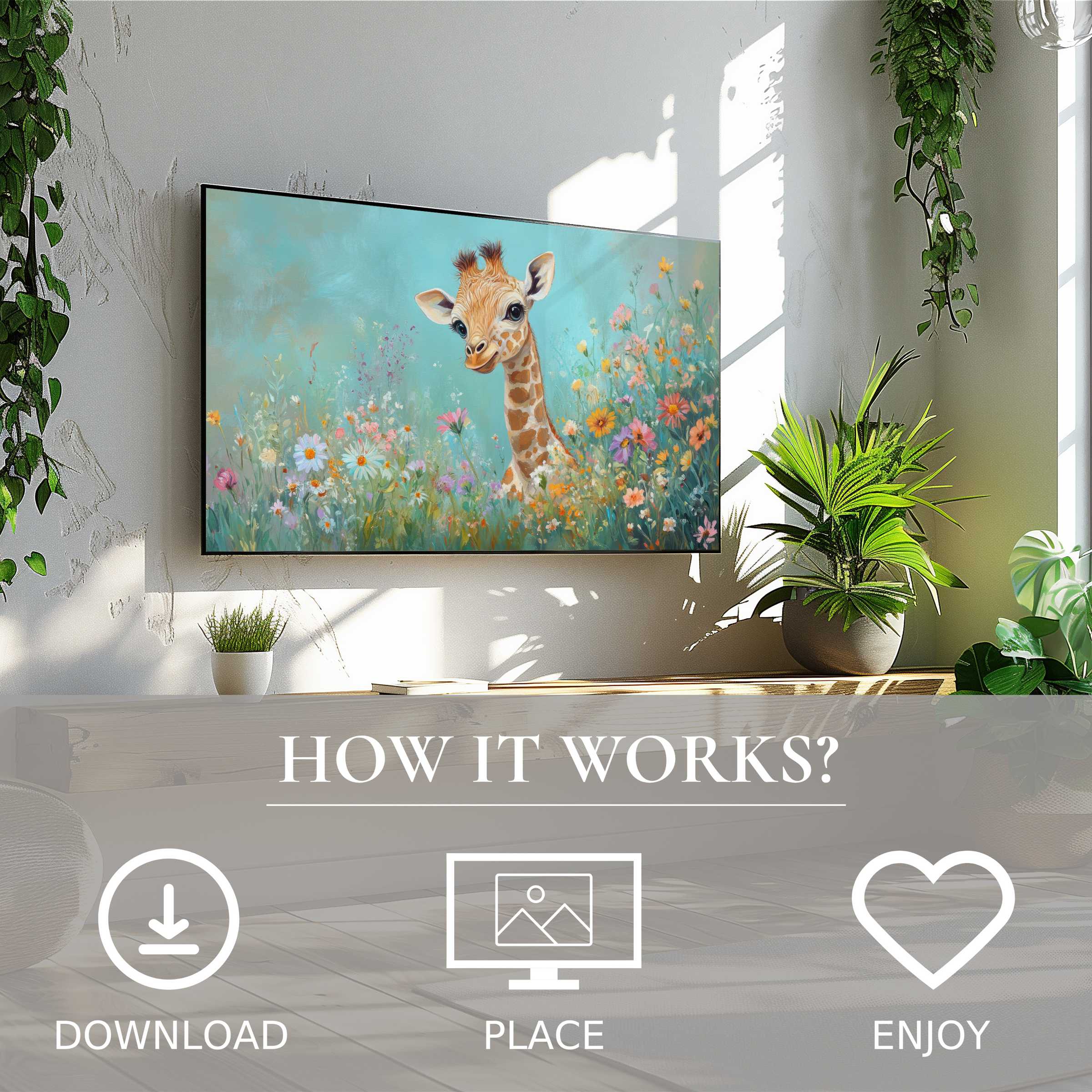 Nursery art for Samsung TV showing a sweet giraffe in soft blue and floral hues, easy digital download enriches space