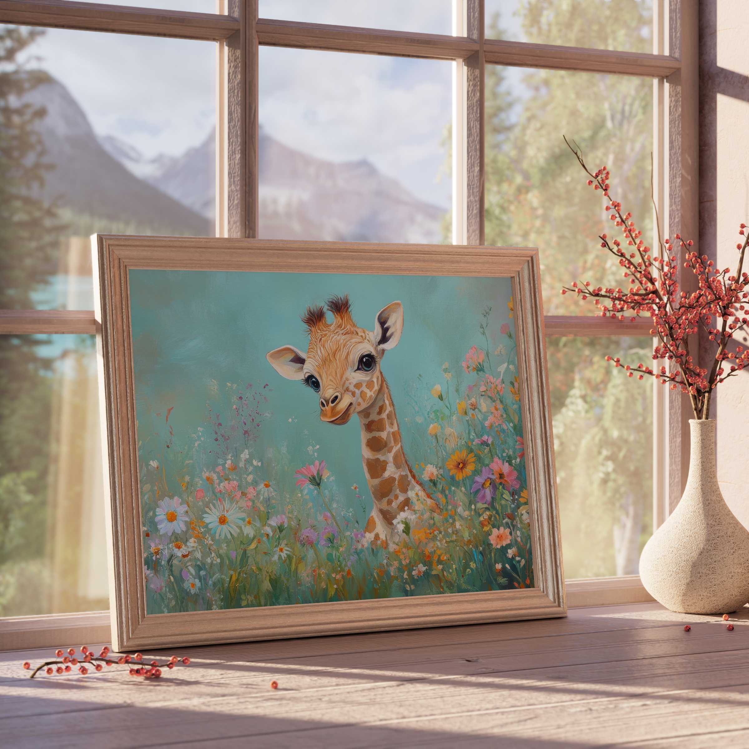 Charming nursery downloadable art featuring a sweet baby giraffe amid blooming wildflowers, perfect for serene, stylish interiors