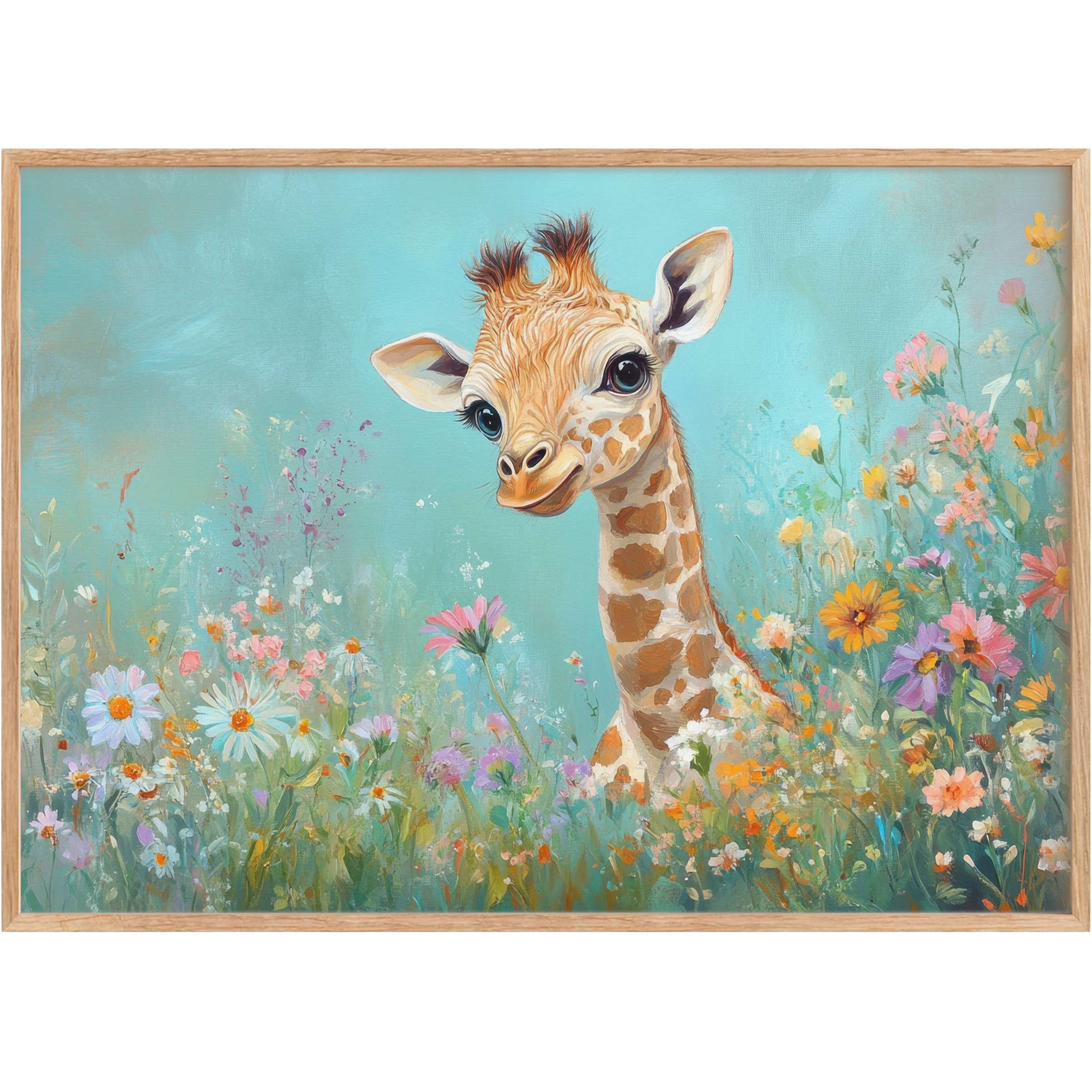 Charming nursery printable wall art featuring a sweet giraffe amid soft pastel wildflowers, evoking a serene, joyful mood