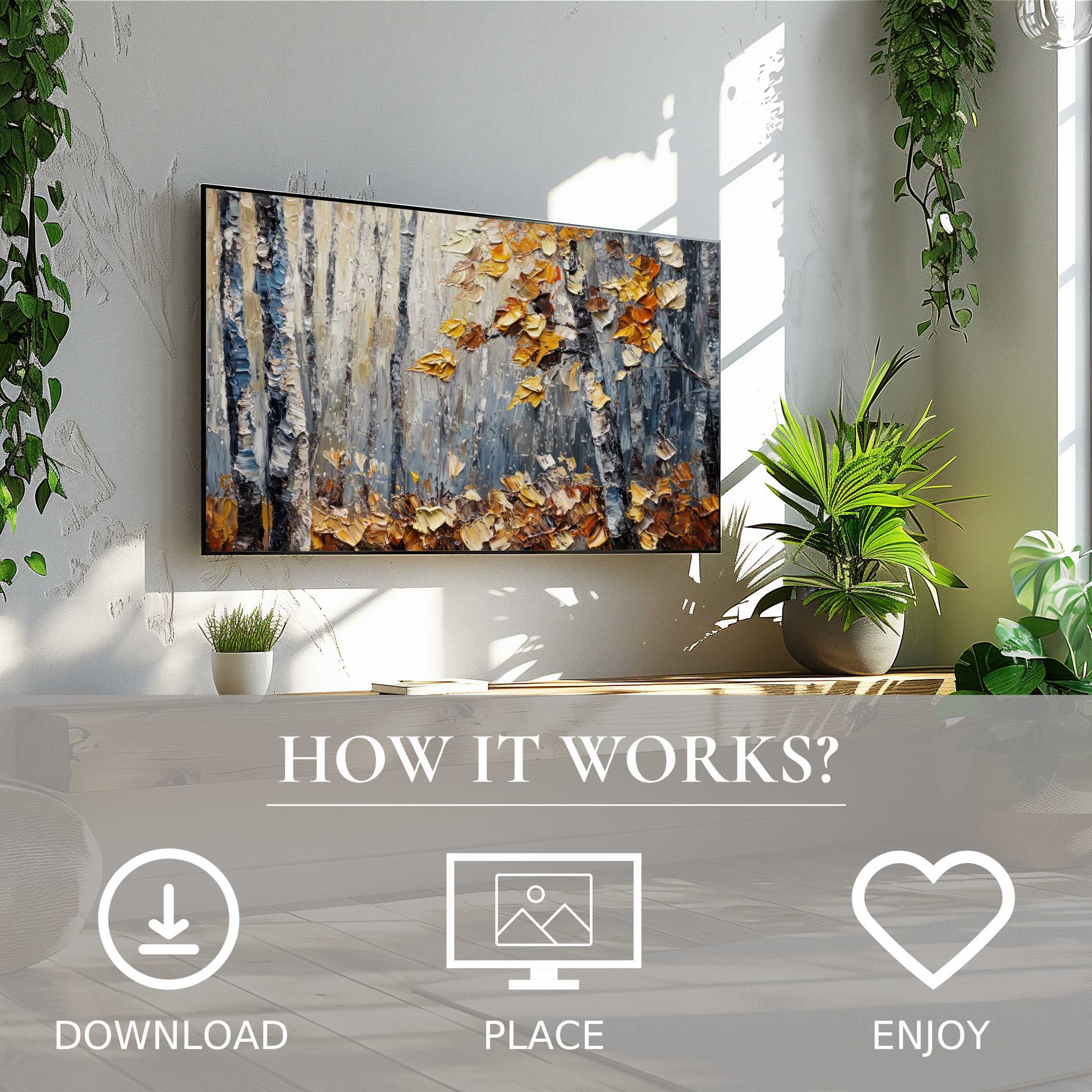 Tree art for Samsung TV shows textured autumn birch motif in soft sunset tones, easy digital download, enriching modern living spaces