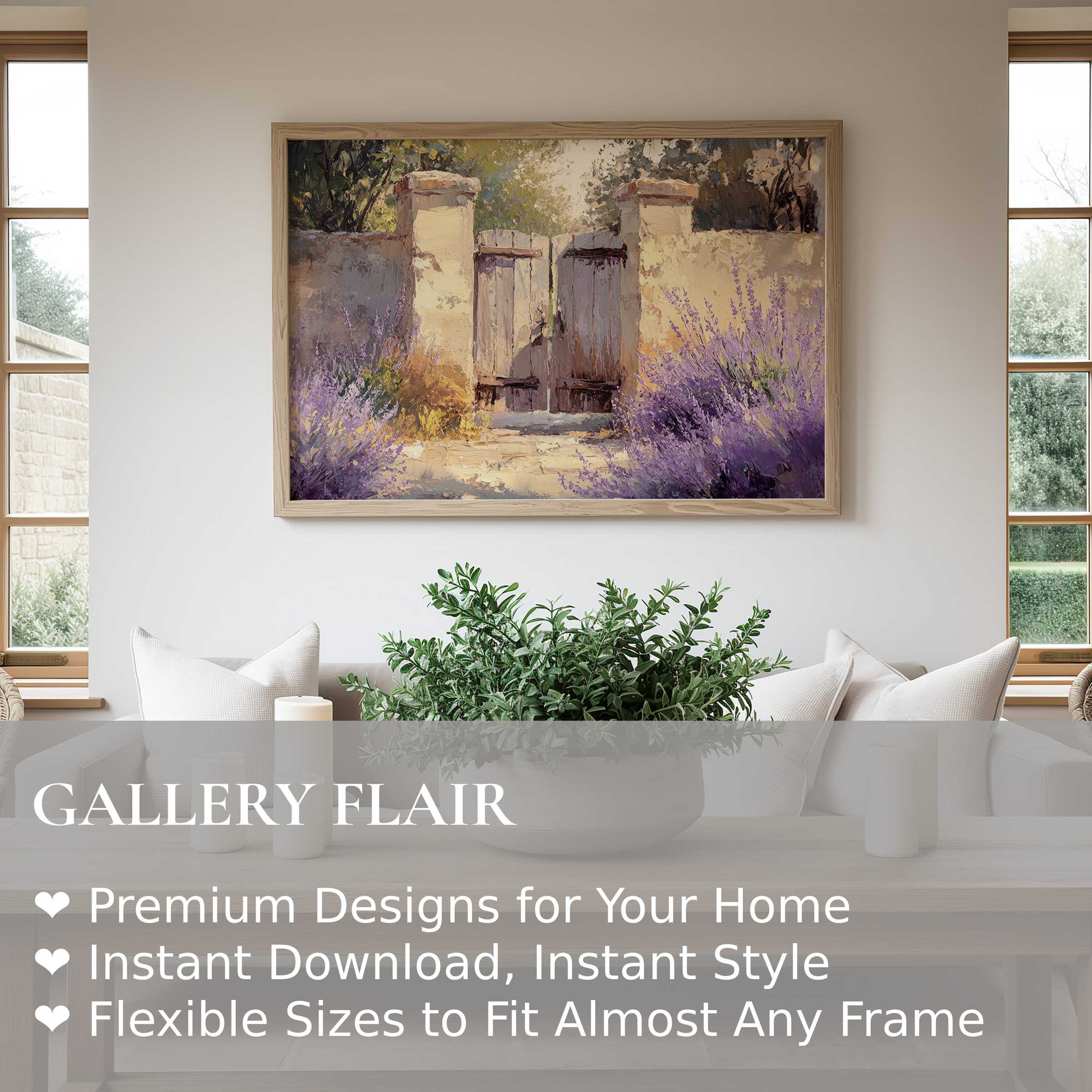 Farmhouse wall art print featuring a serene garden gate with lavender blooms, enhancing modern rustic interiors with calming charm