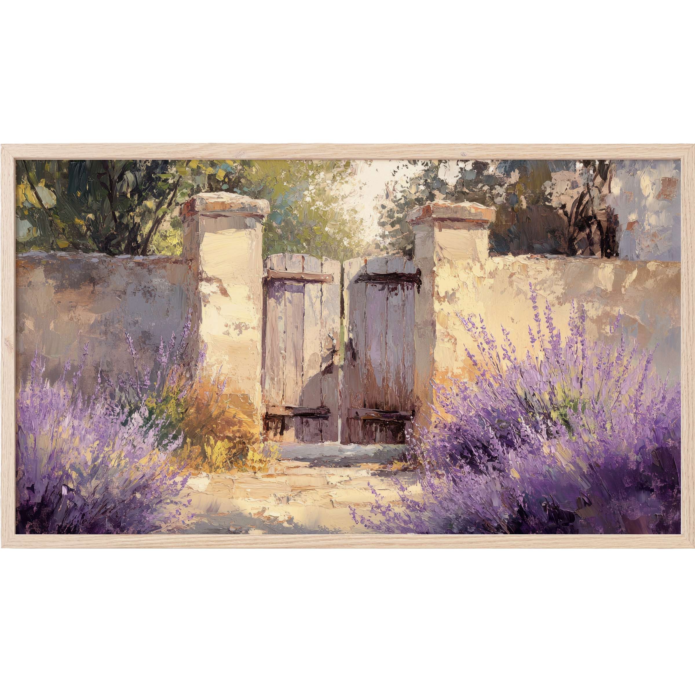 Farmhouse Frame TV Art depicting a rustic gate framed by lavender blooms in soft purples and warm neutrals