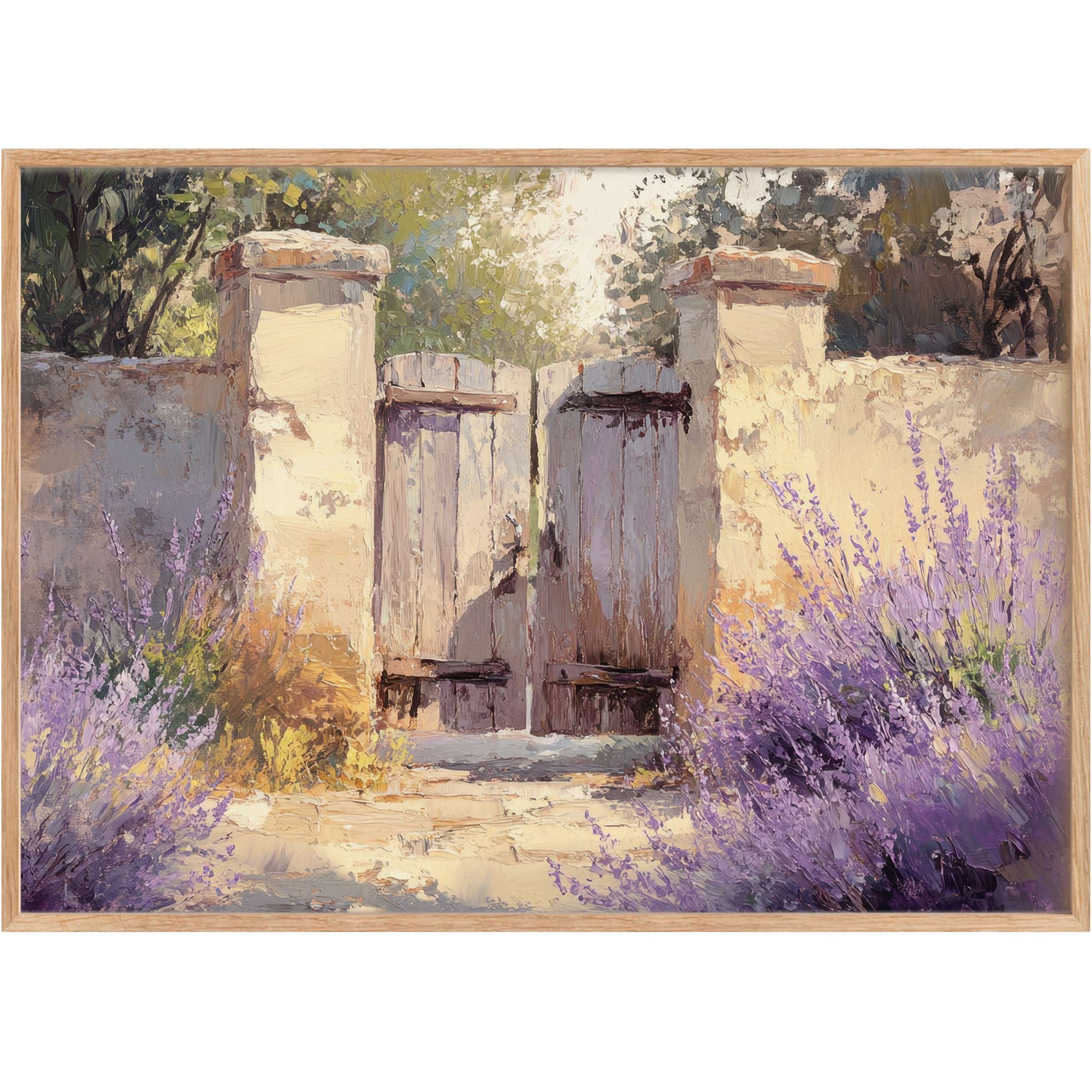 Rustic wooden gates framed by sunlit stone walls and blooming lavender evoke a serene, inviting mood in farmhouse printable wall art