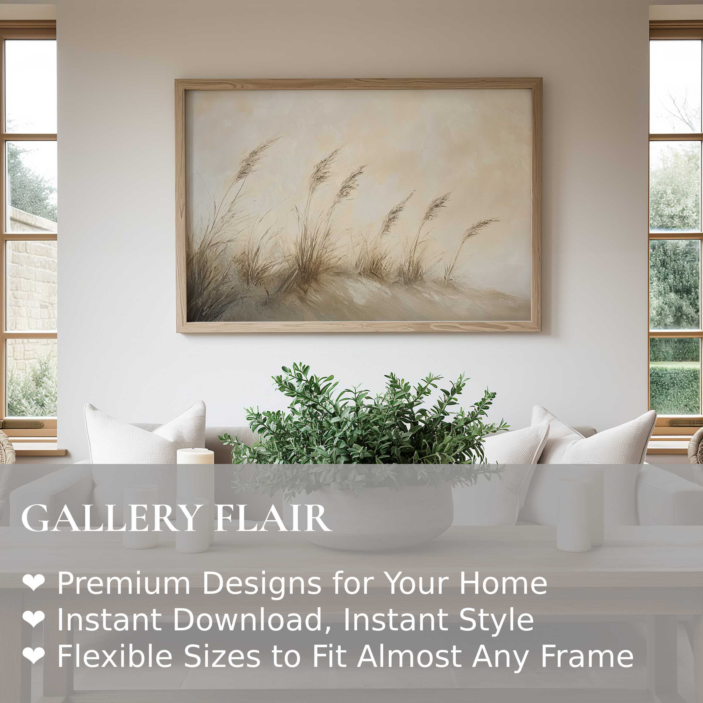 Coastal wall art print featuring soft, radiant dune grass in neutral tones, elevating minimalist, modern living spaces with serene, natural elegance