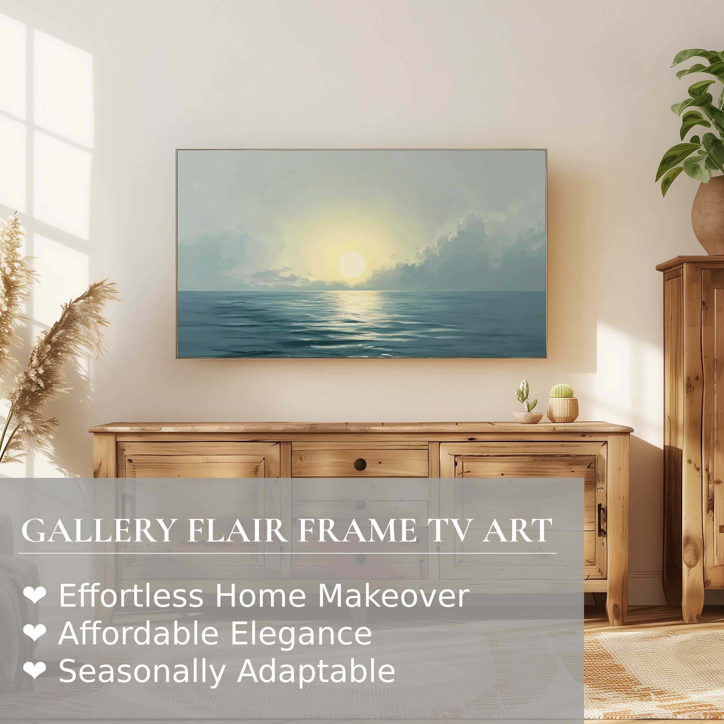 Samsung Frame TV displaying serene landscape digital artwork of a tranquil ocean sunset in a modern living space