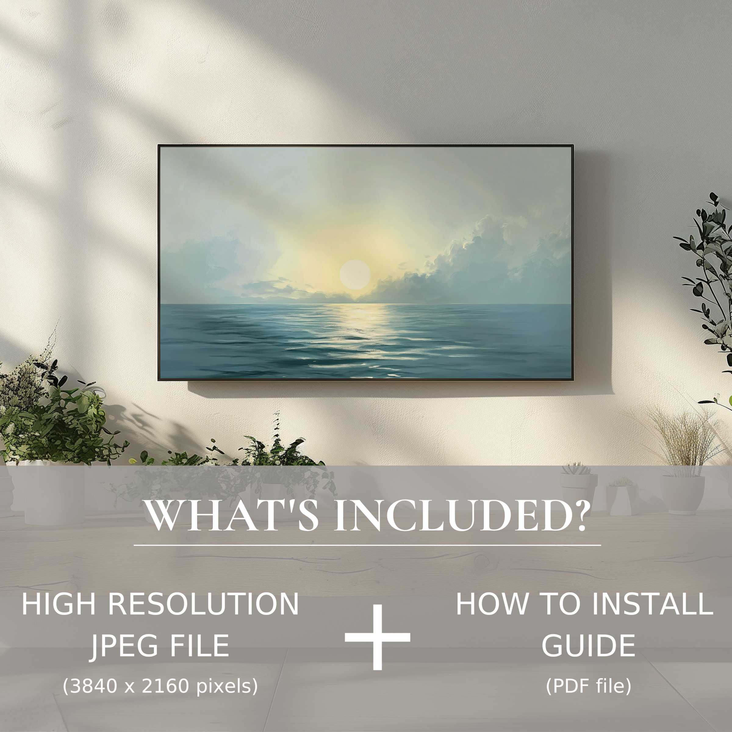 Elegant landscape digital TV art download with seamless digital use, enhancing tranquil living spaces with serene ocean views