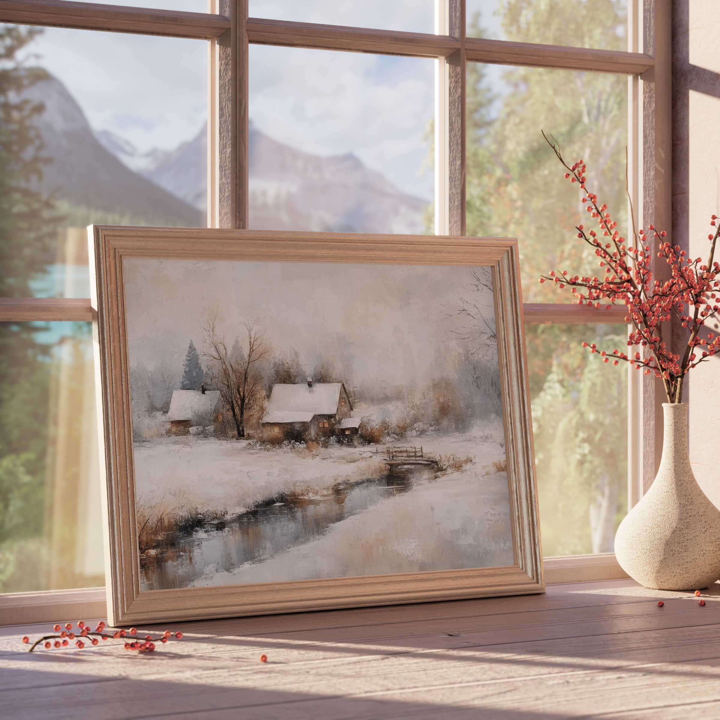 Vintage downloadable art capturing a serene snowy village scene, enhancing tranquil, curated interiors with timeless elegance