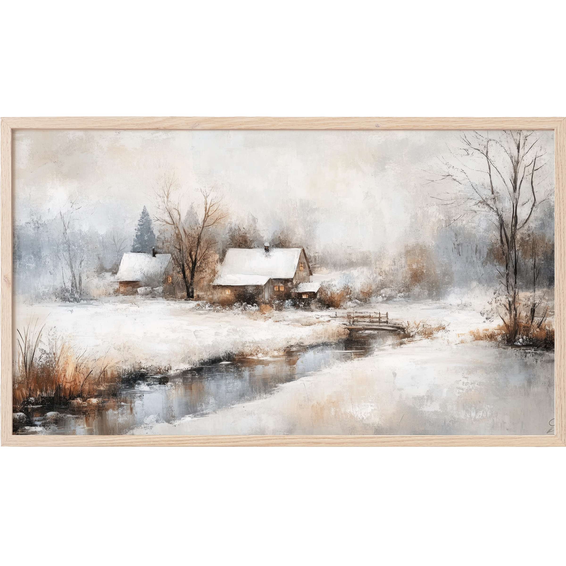 Winter landscape with snowy cottages and muted earth tones in a serene vintage Frame TV Art style