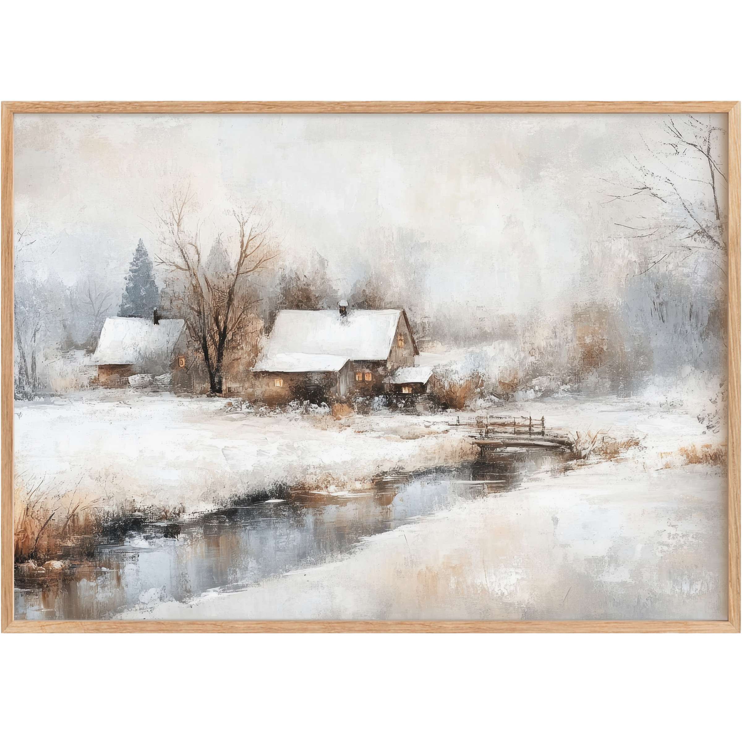 Vintage printable wall art capturing a serene winter retreat, with soft grays and warm amber lights creating a calming, elegant ambiance
