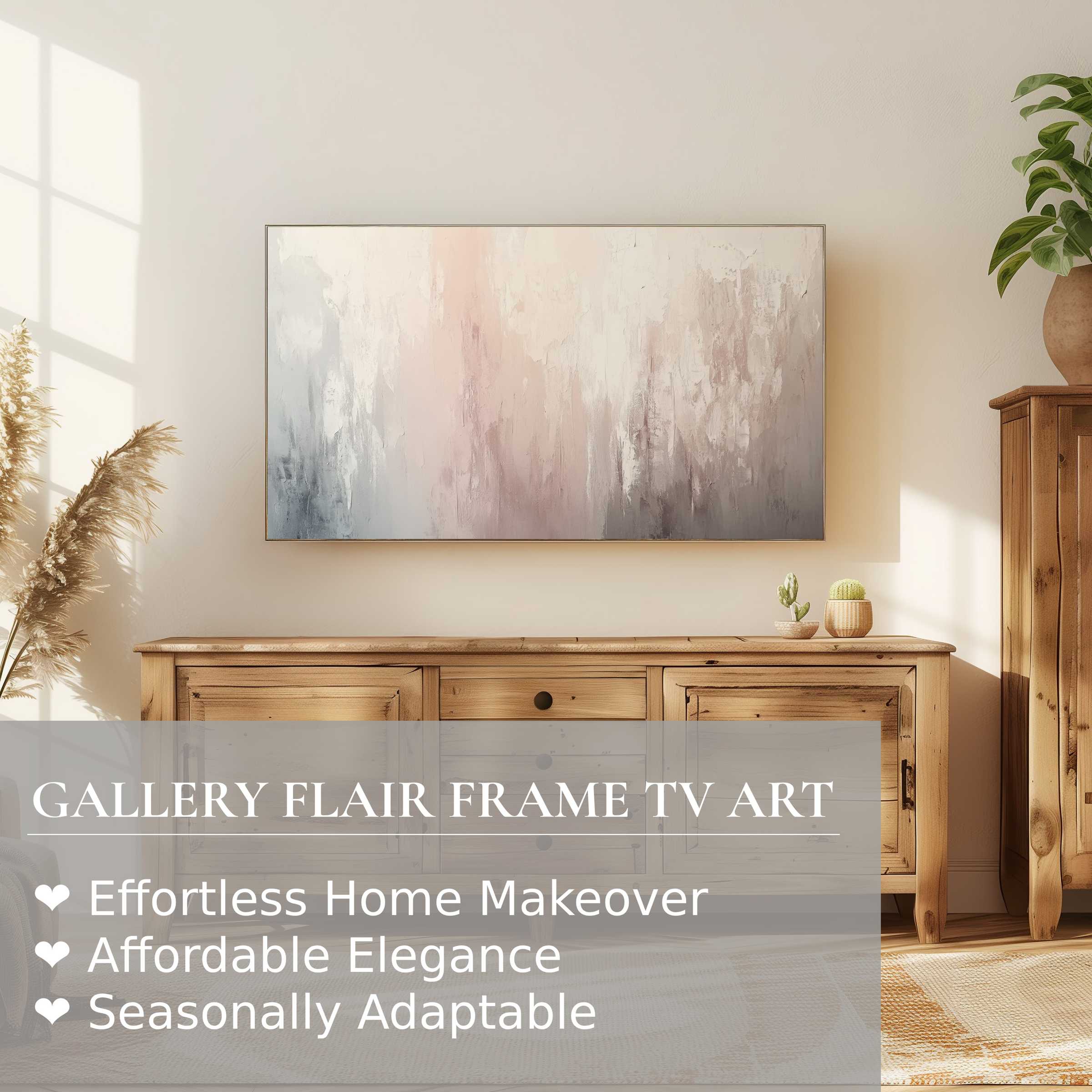 Samsung Frame TV showcasing modern digital artwork in a serene, sunlit room with natural wood accents and plants