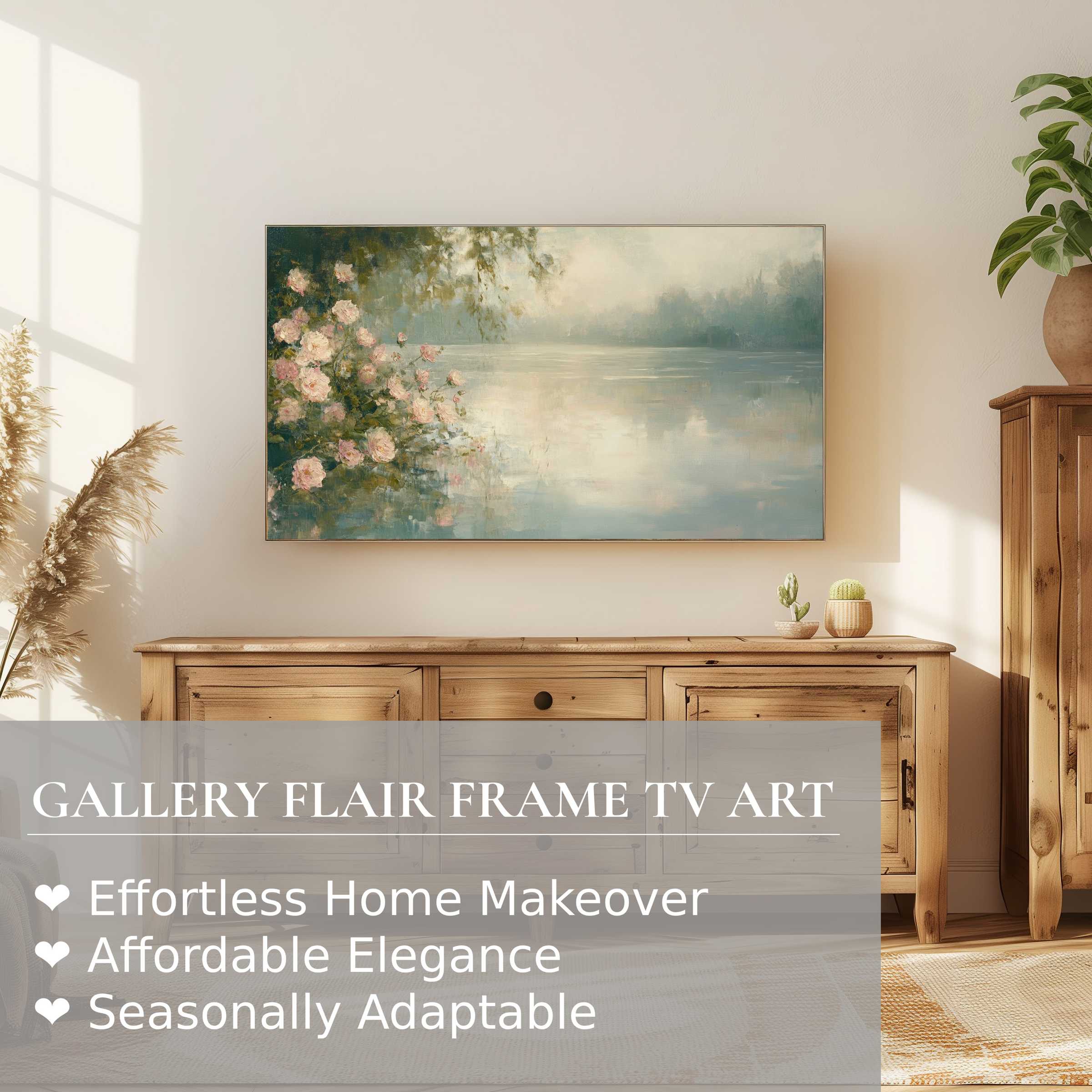 Samsung Frame TV displays elegant summer digital artwork with soft florals in a serene, modern living space