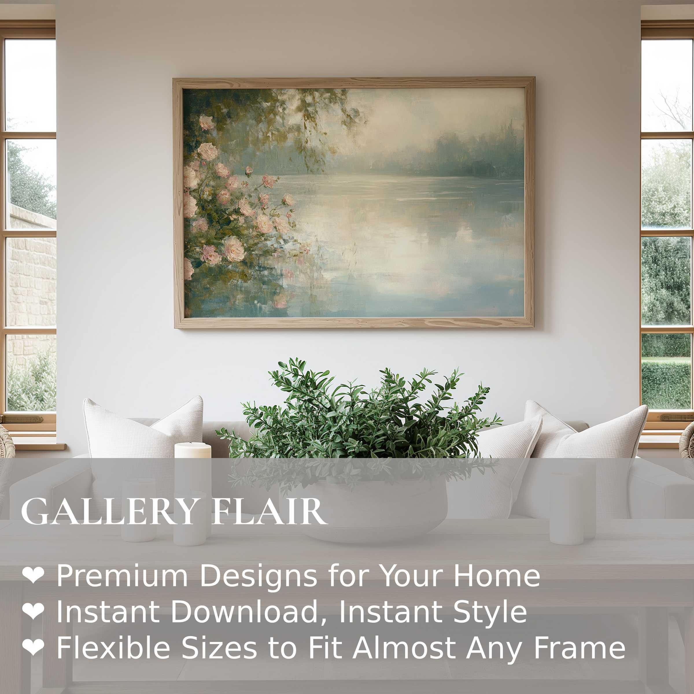 Summer wall art print featuring a serene lakeside scene with soft roses, enhancing modern minimal interiors with calming elegance
