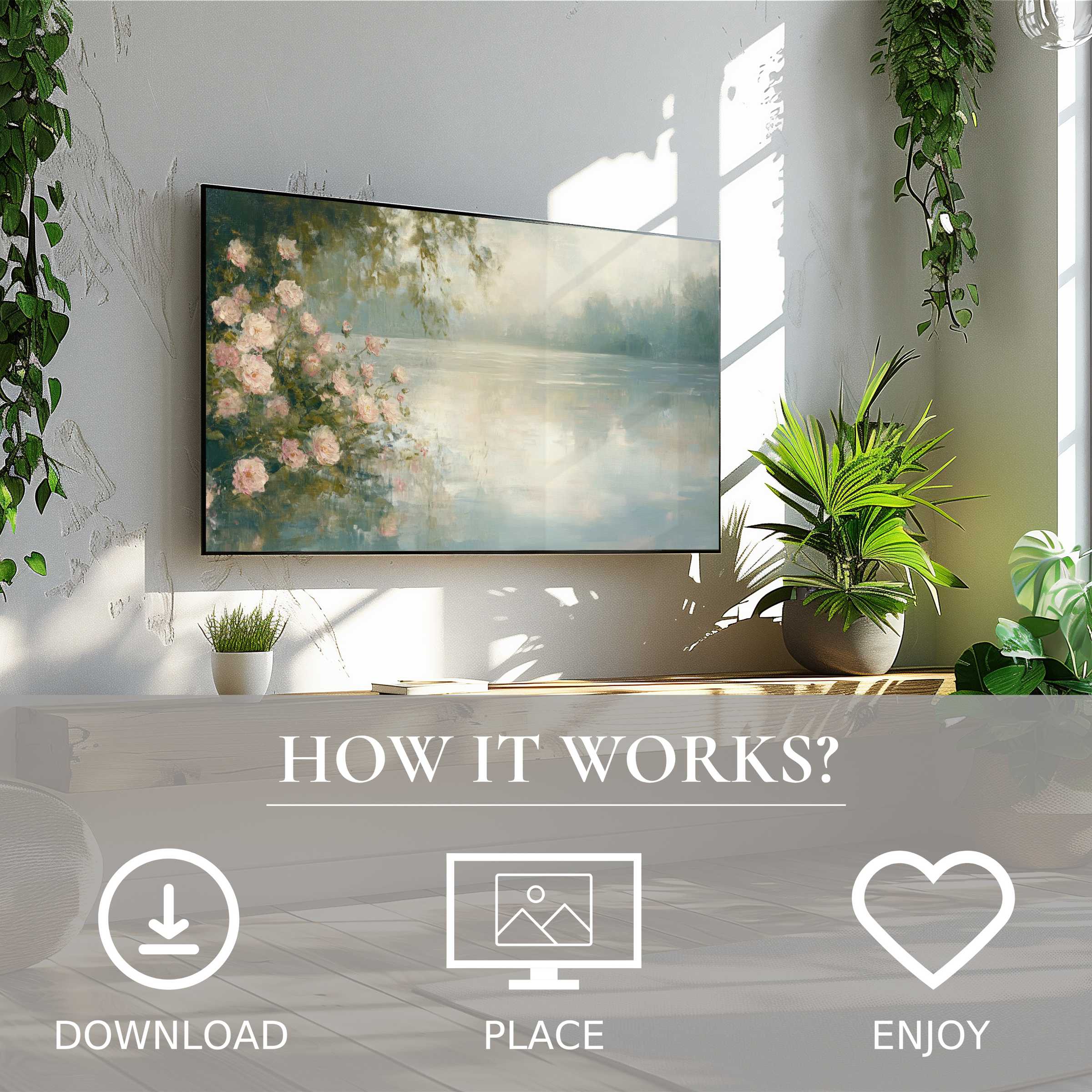 Summer art for Samsung TV: digital download, soft sunset tones on The Frame enrich this bright, plant-filled living room