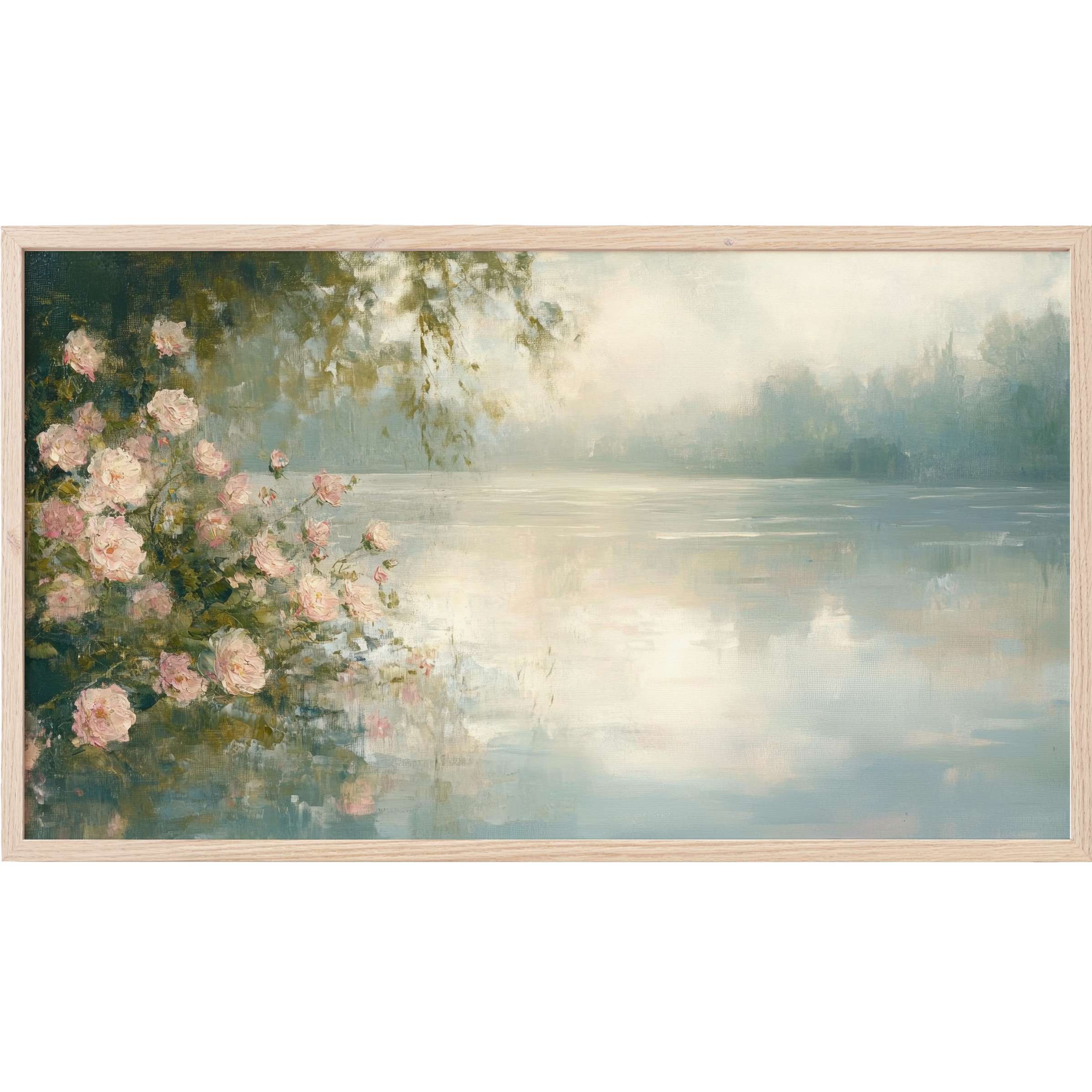 Elegante Aquarell-Landschaft mit zarten Rosen, sanften Blau- und Grüntönen - perfektes summer Frame TV Art