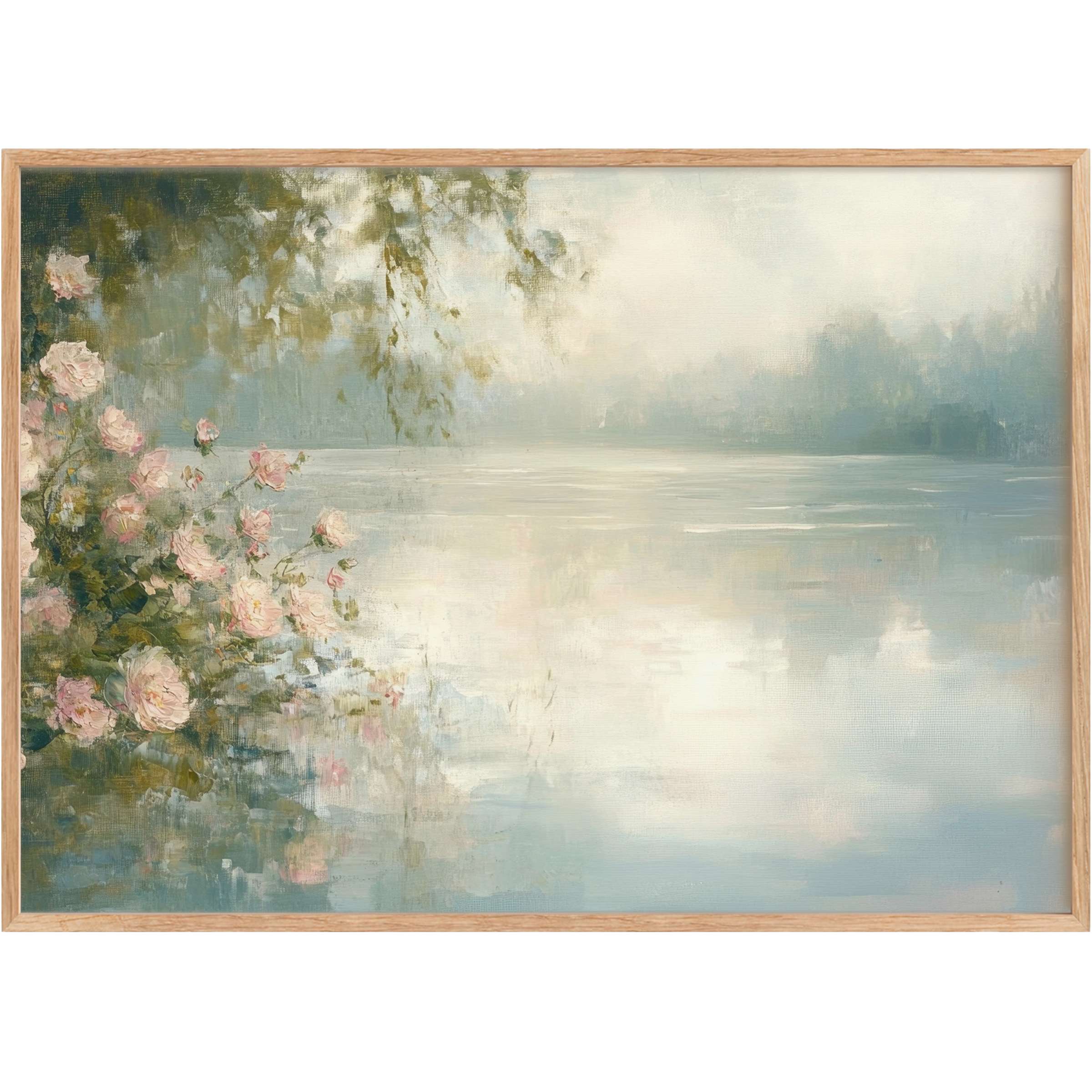 Serene summer printable wall art with soft pink blooms and misty blue waters, evoking calm and timeless elegance