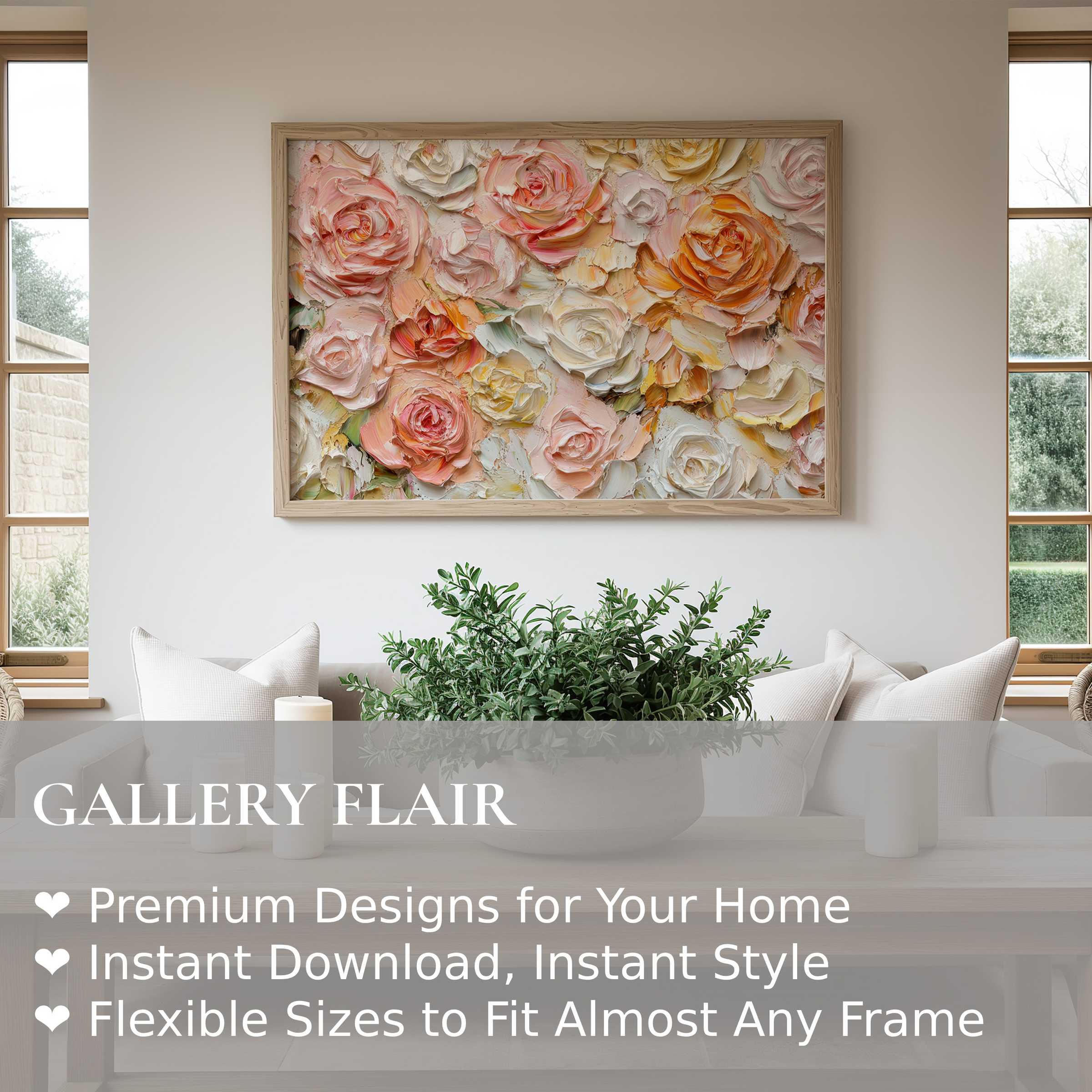 Floral wall art print with textured roses in soft peach and cream tones elevates this serene, modern living space with radiant elegance