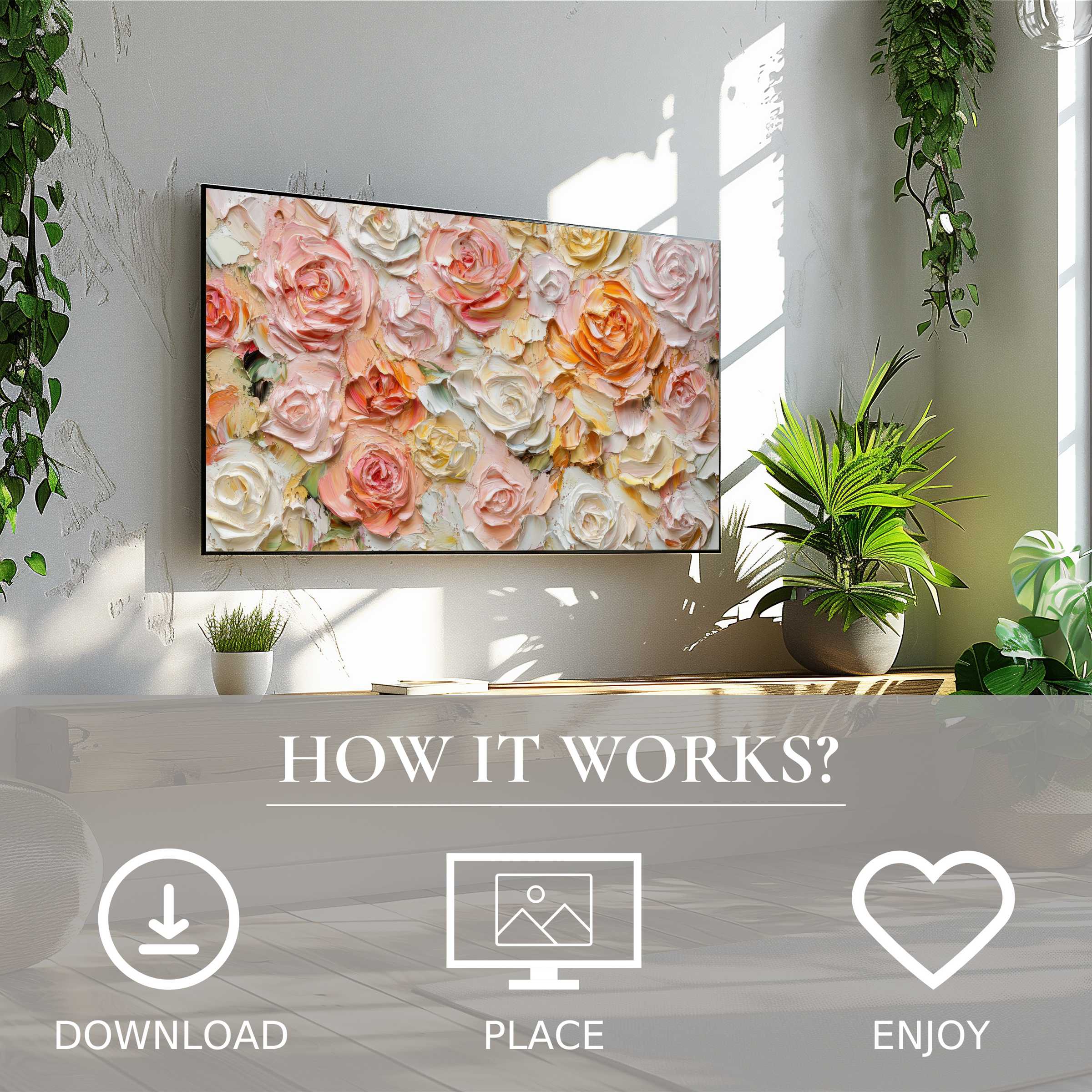 Floral art for Samsung TV: soft pastel roses in digital download, brightening modern living spaces with effortless style