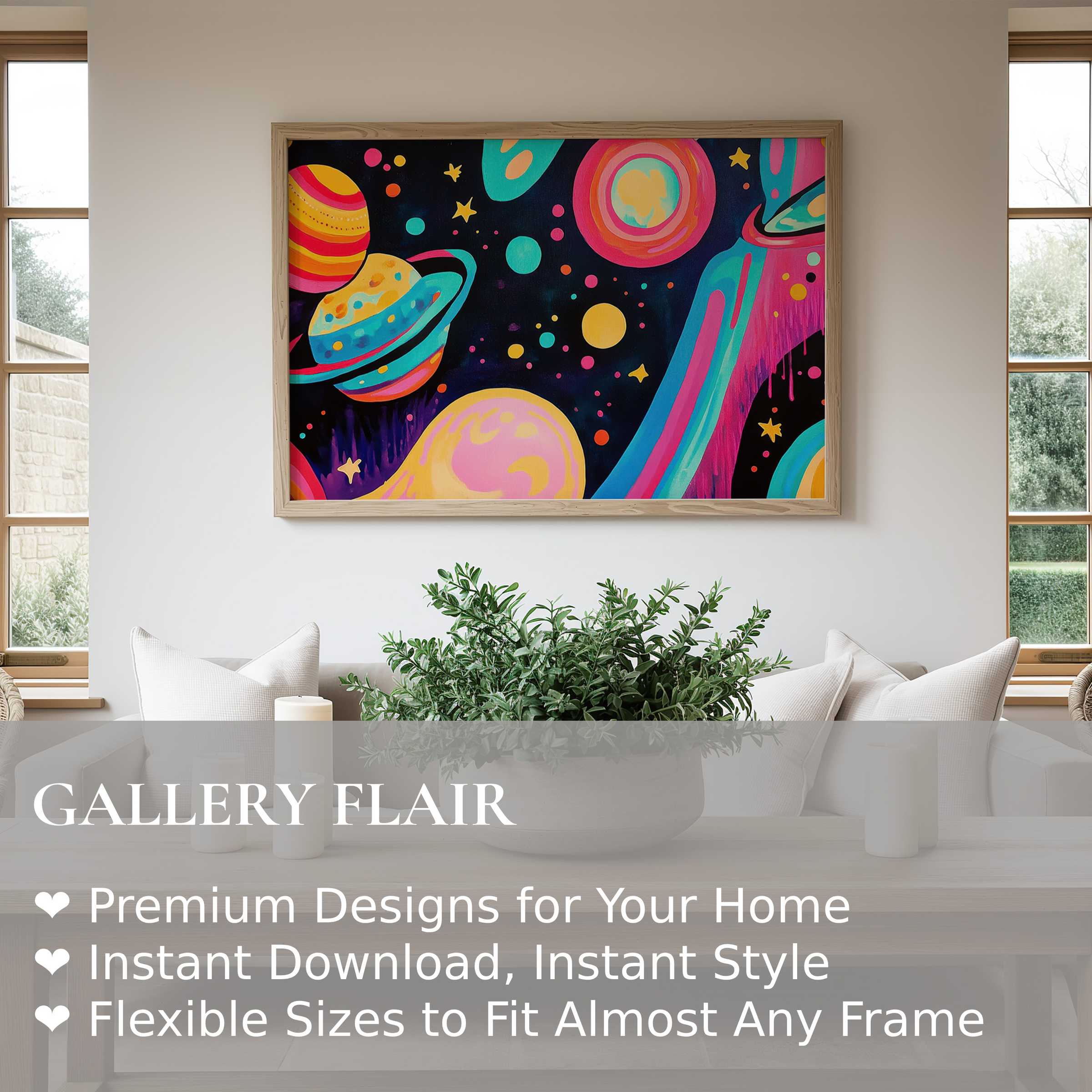 Vibrant pop art wall art print featuring colorful cosmic planets and stars, enhancing modern minimalist interiors with bold, playful energy