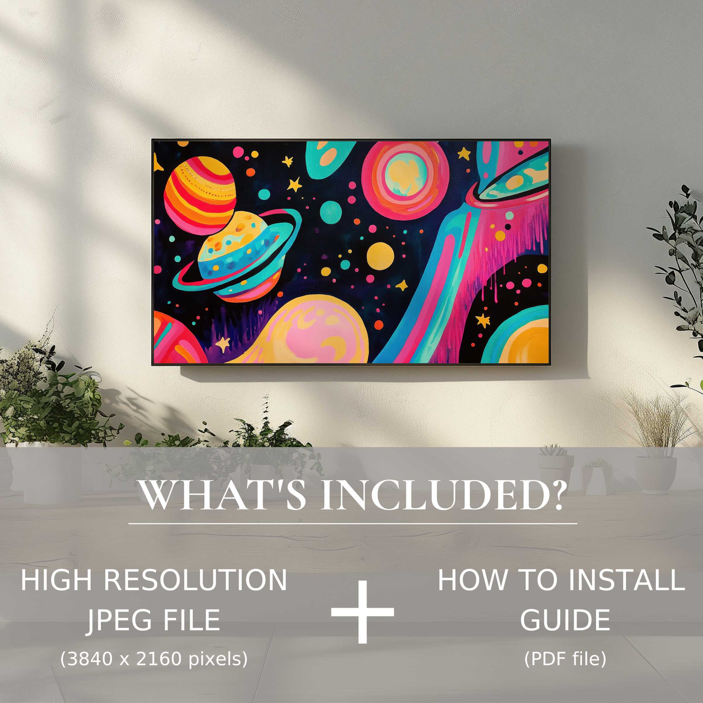 Modern living space enhanced by vibrant pop art digital TV art download, easy digital use for chic decor