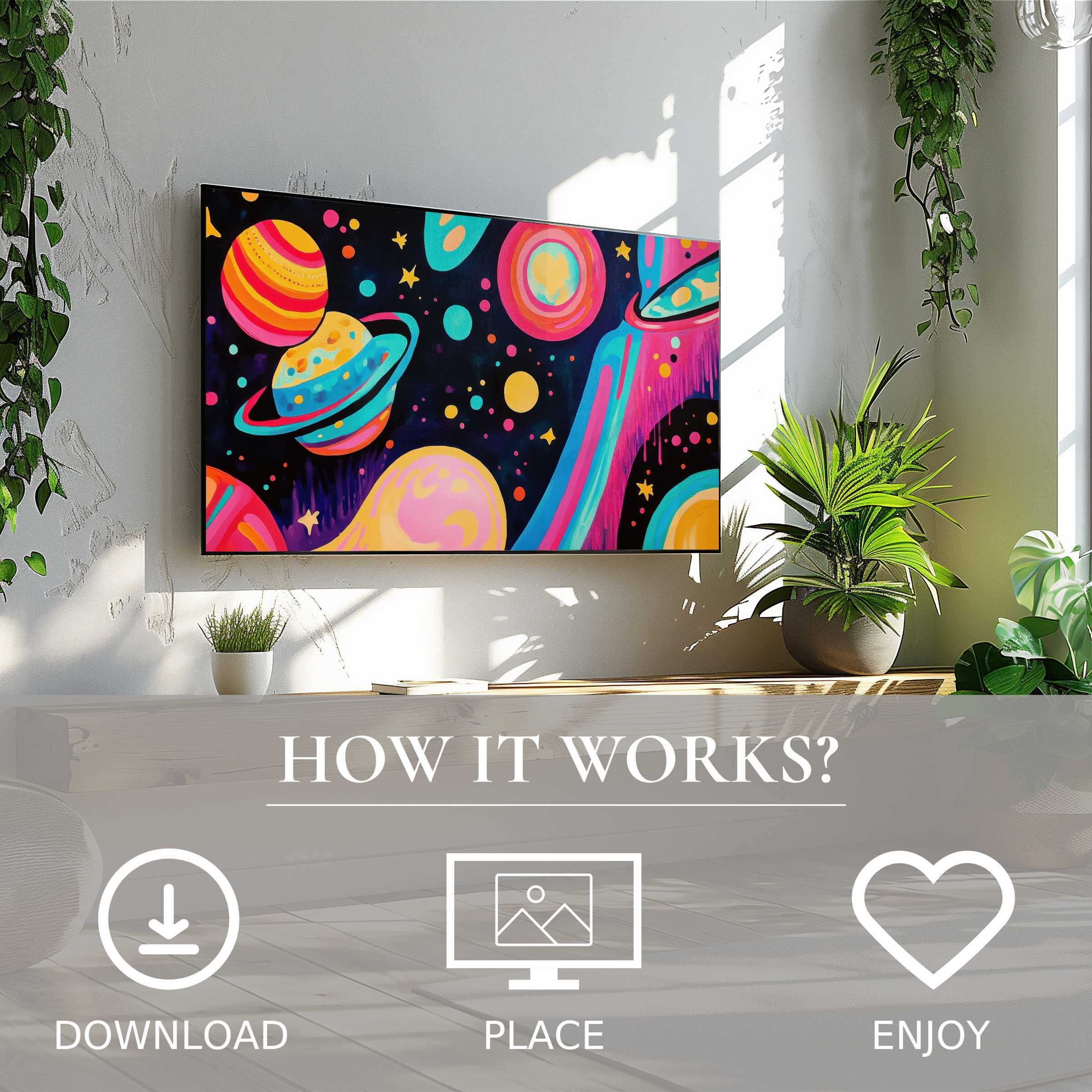 Pop art art for Samsung TV showing vibrant color flow planets, easy digital download enhances modern living spaces