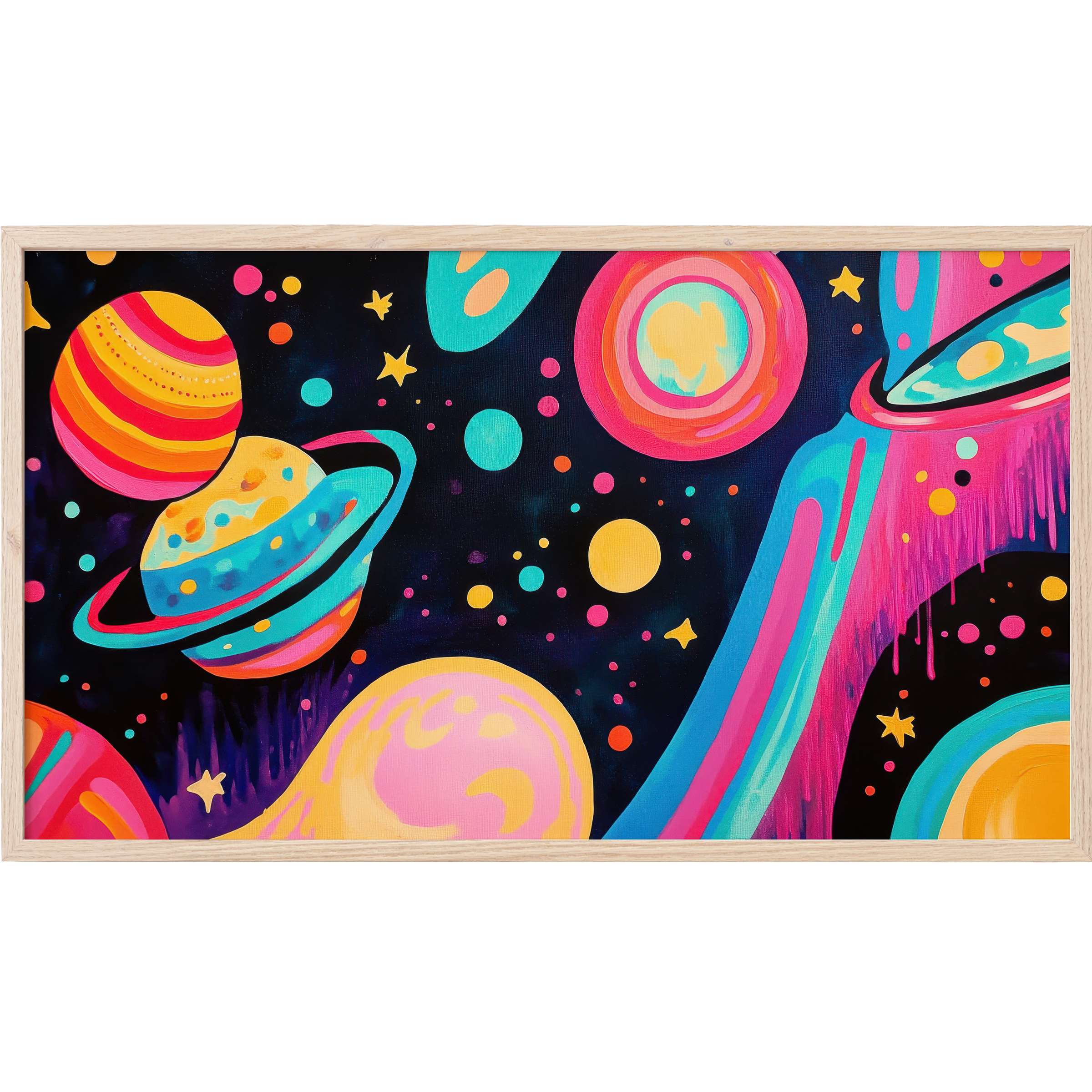 Vibrant pop art Frame TV Art featuring neon planets and stars in pink, yellow, and turquoise against a deep black background