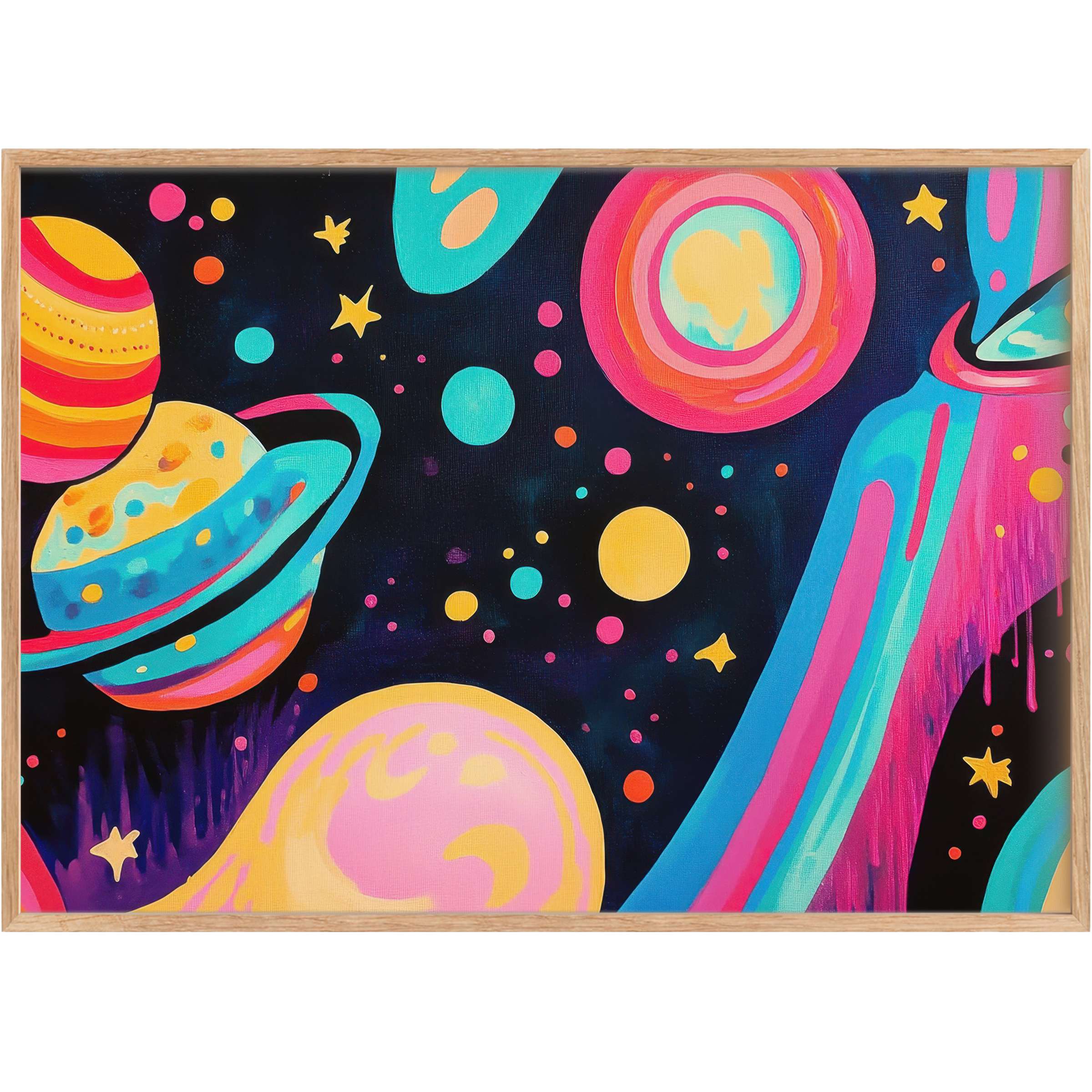 Vibrant pop art printable wall art with radiant pink, teal, and yellow hues, igniting cosmic wonder and bold sophistication