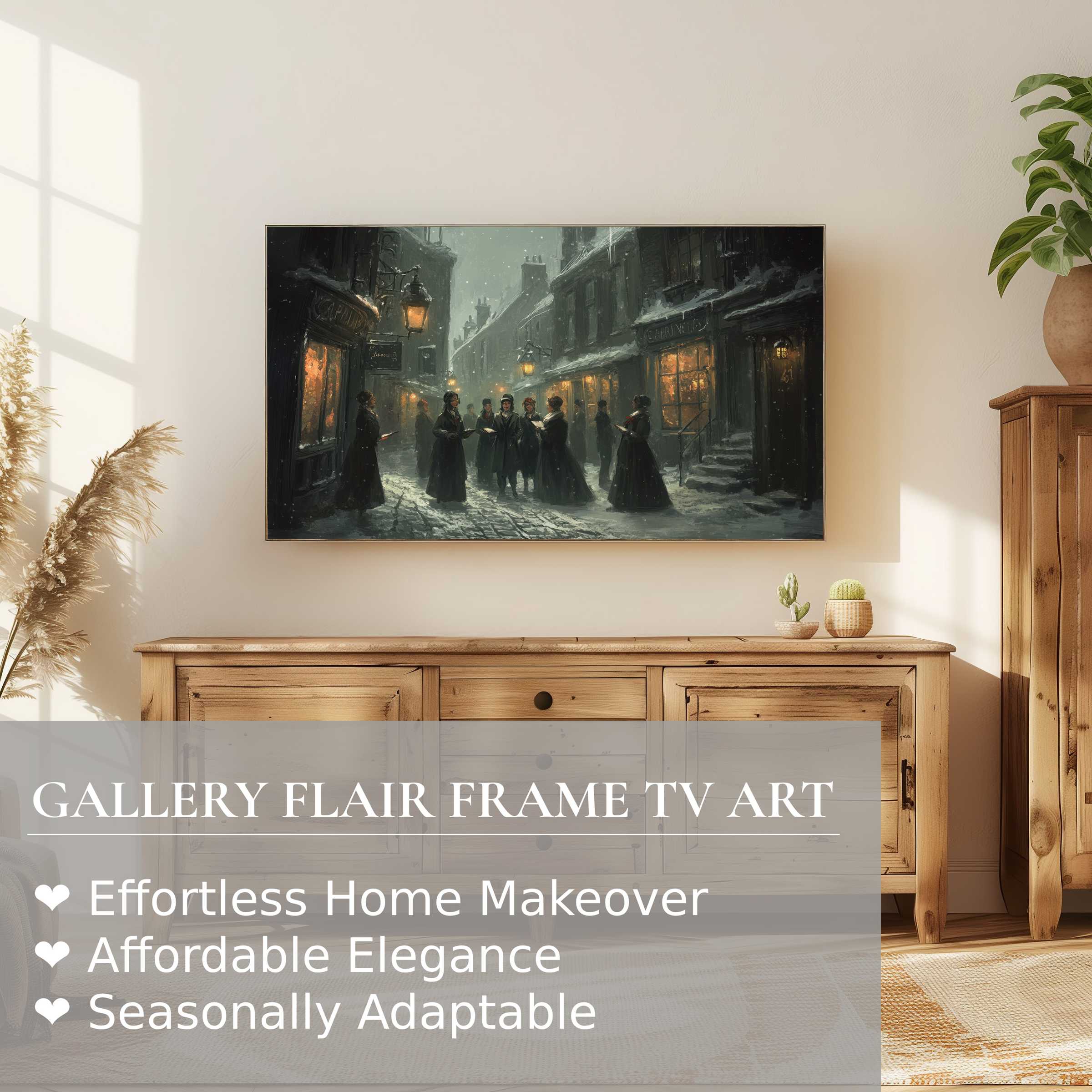 Samsung Frame TV showcasing a moody, snowy Victorian street scene as elegant christmas digital artwork