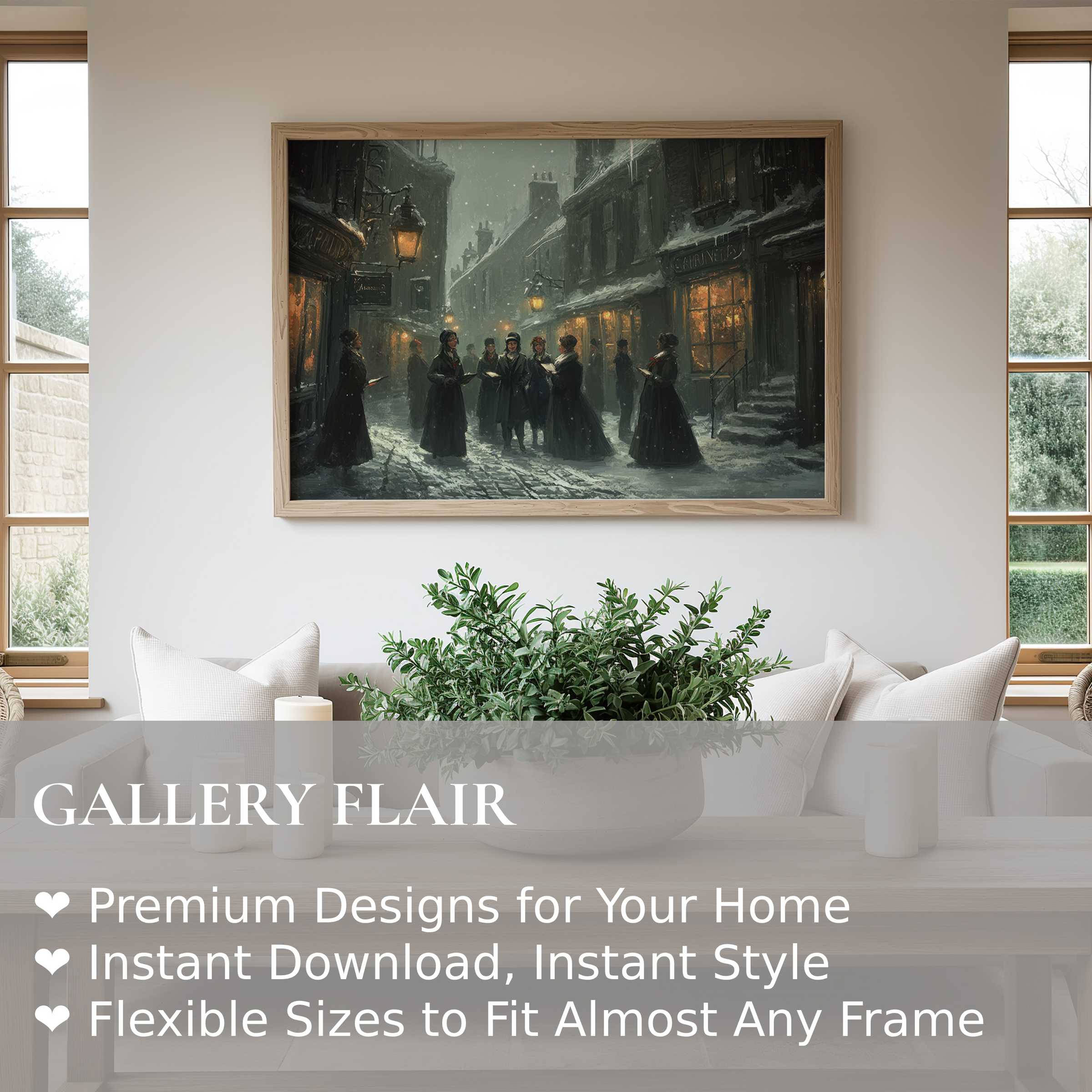 Christmas wall art print depicting a serene Victorian street carolers scene in soft snowy twilight, adding timeless charm to modern rustic interiors