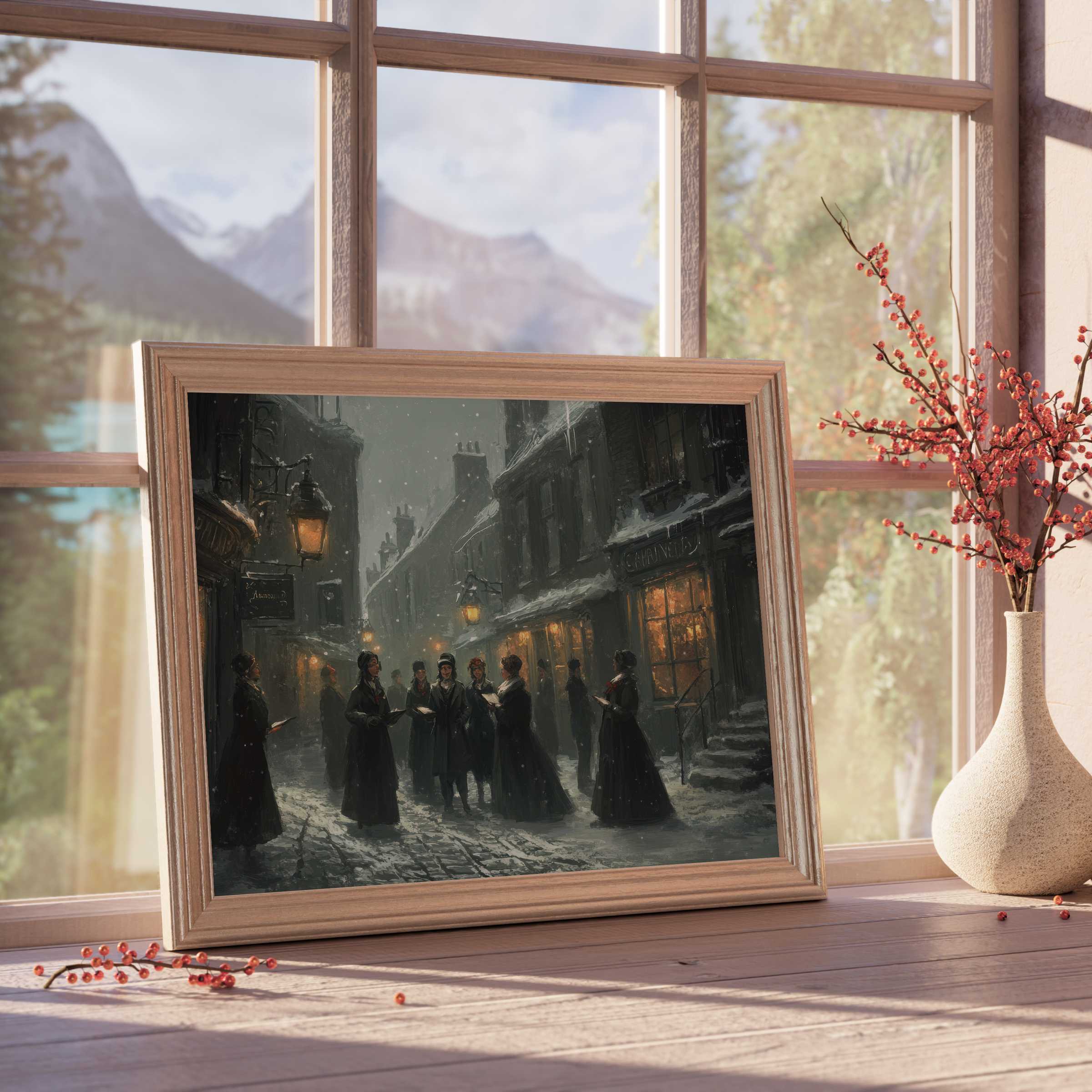 Christmas downloadable art capturing a serene Victorian caroling scene, glowing warmly and enhancing refined, cozy interiors
