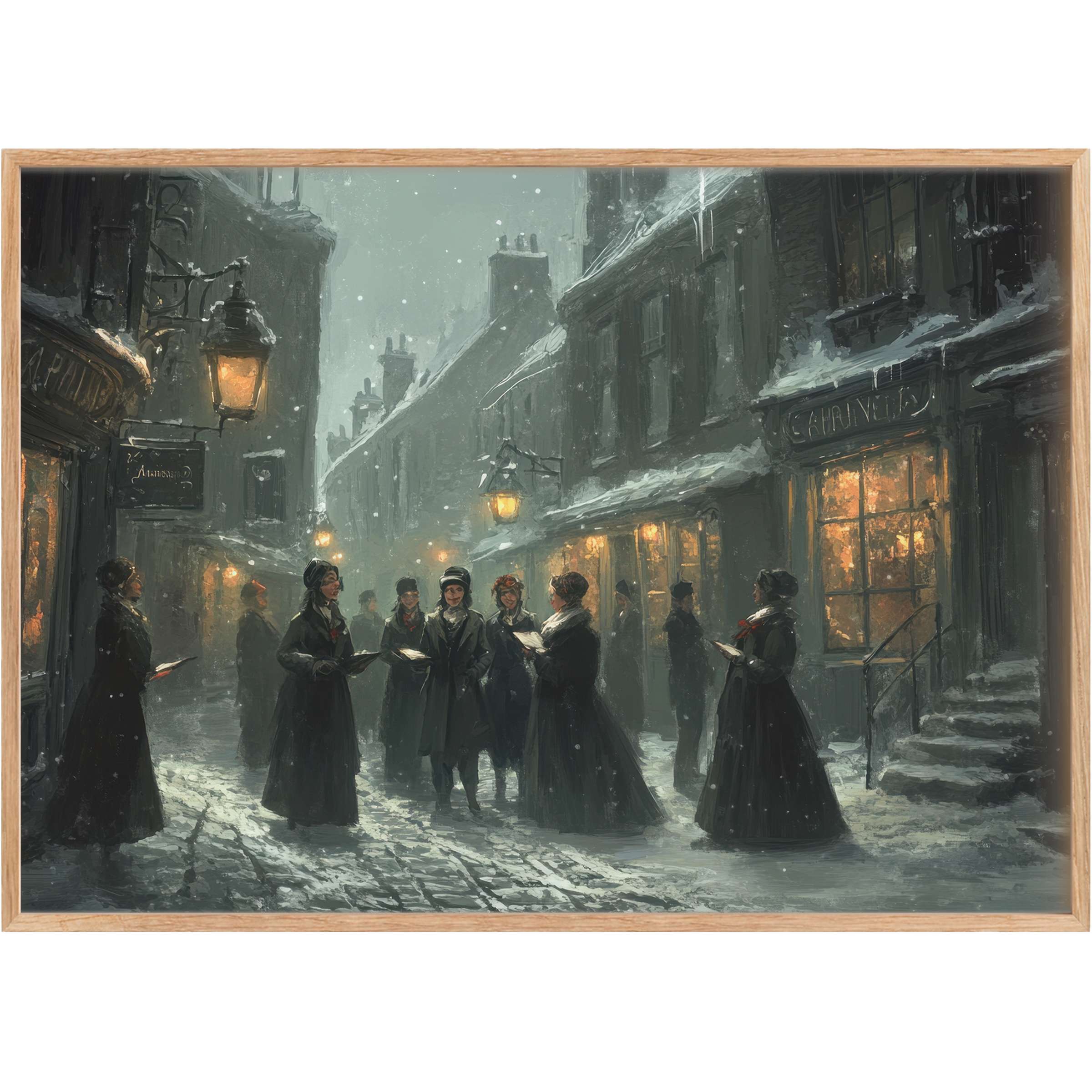 Elegant Christmas printable wall art captures a serene snowy street caroling scene, glowing with warm amber light and vintage charm