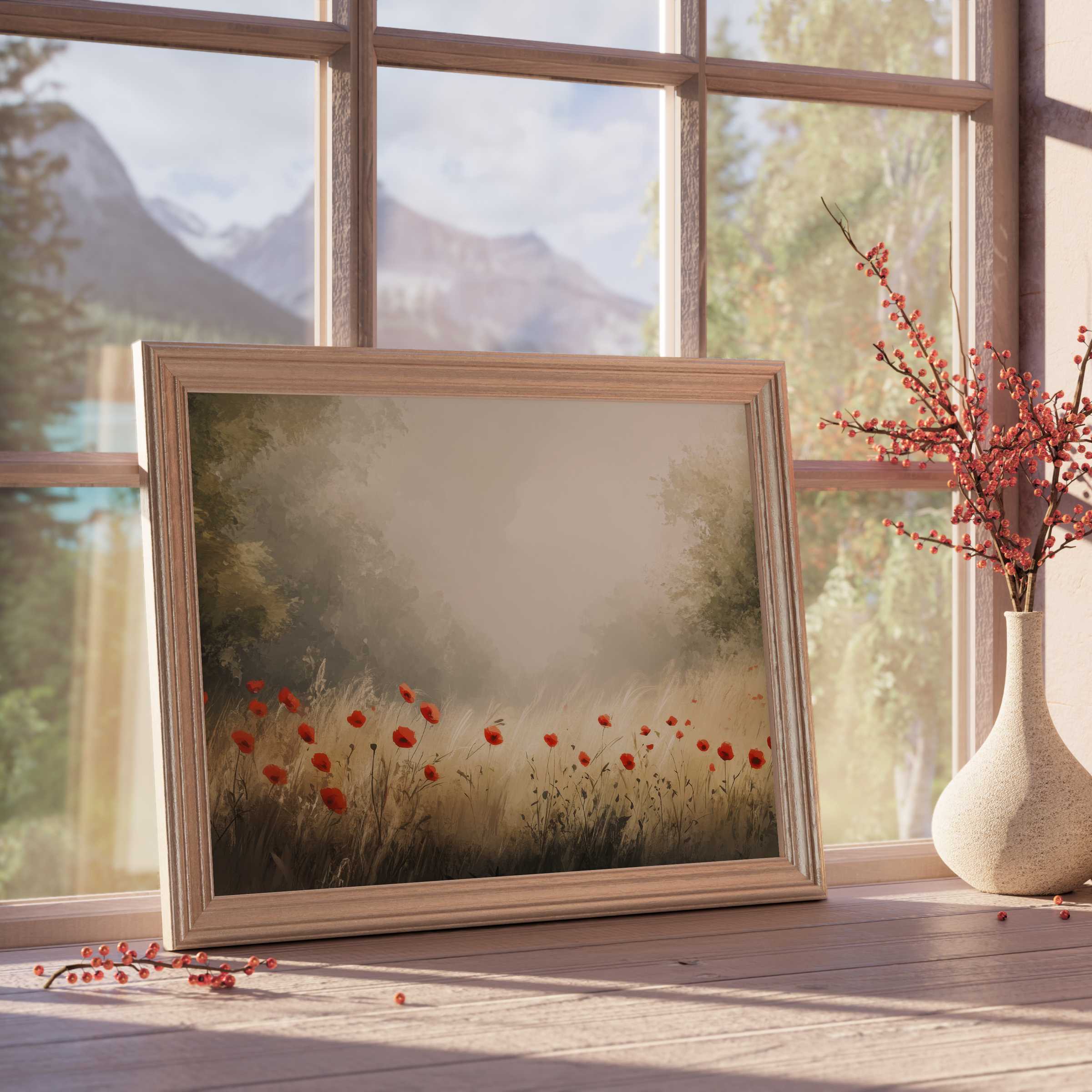 Spring downloadable art capturing a serene poppy meadow in soft, muted tones for tranquil, curated interiors