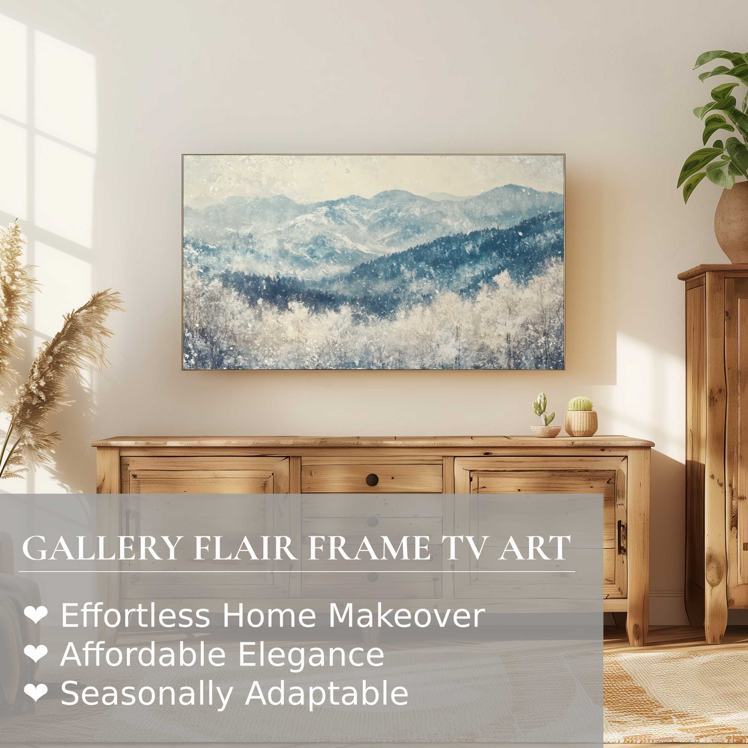 Samsung Frame TV displaying serene winter digital artwork of frosted mountains in a chic, sunlit living space