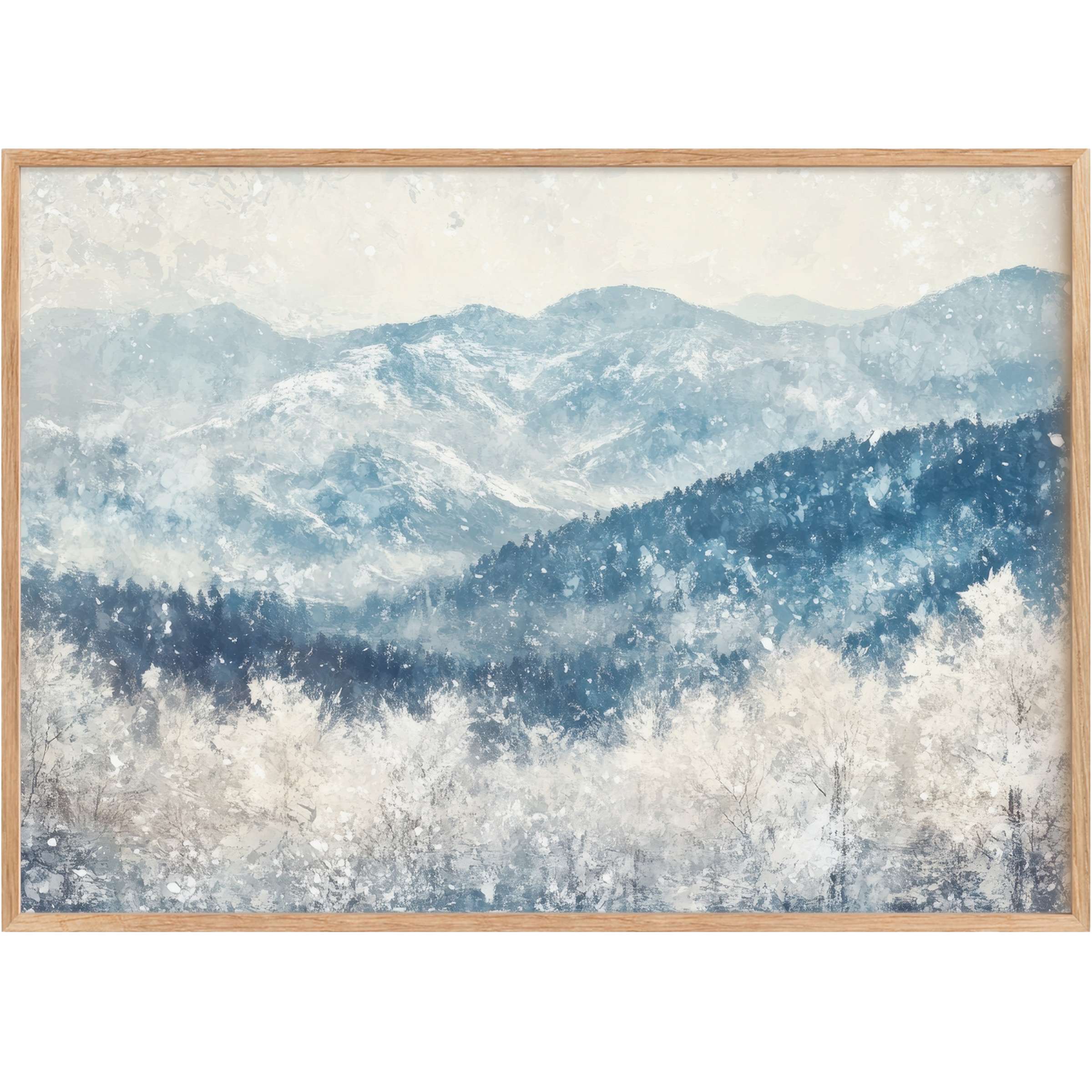 Serene winter printable wall art in soft blues and whites evokes tranquil, frosted mountain mornings for elegant, cozy interiors