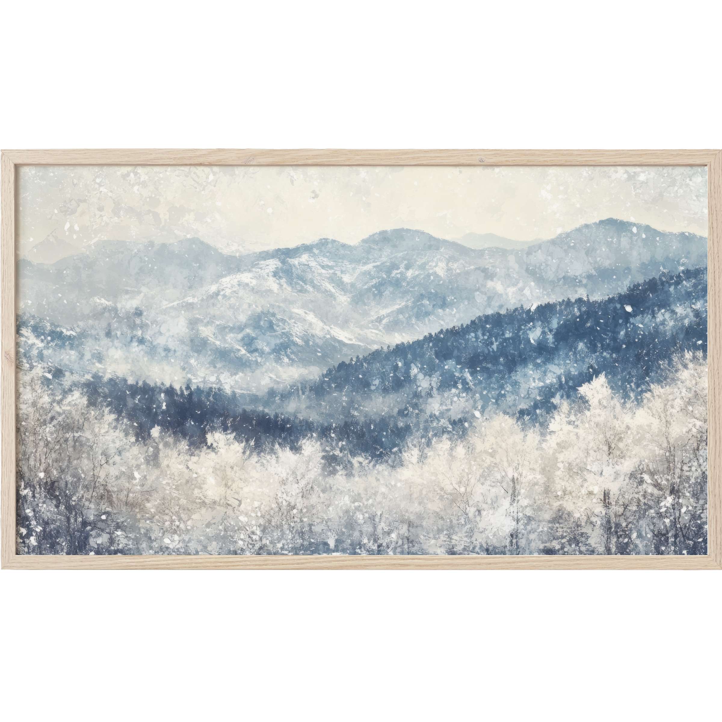 Serene mountain landscape in soft blues and whites with textured brushstrokes, a refined winter Frame TV Art